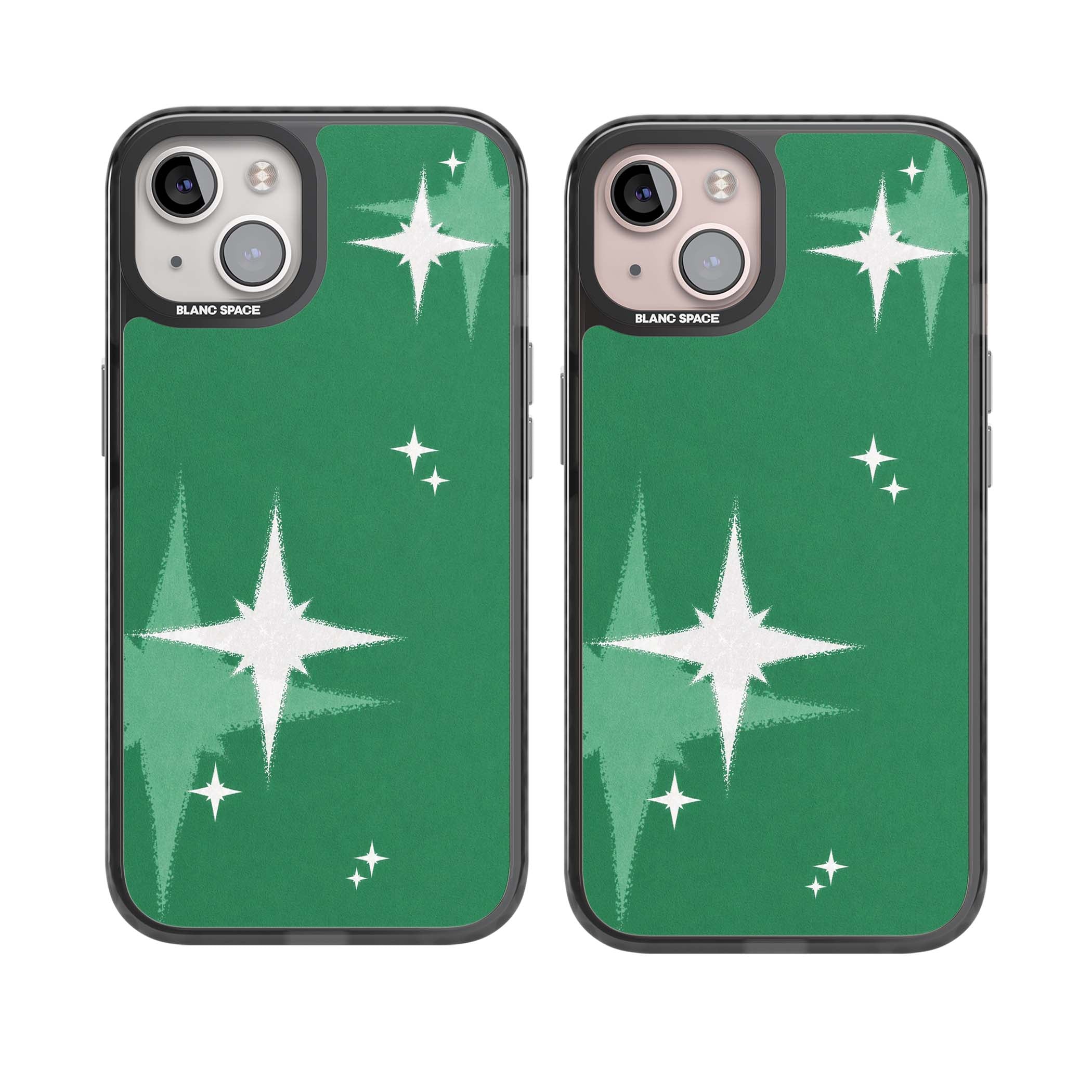 Green Sparkle celestial iPhone case featuring sparkling white four-point stars on a deep green background | Black Impact Magsafe case for iPhone 13, iPhone 14, iPhone 15