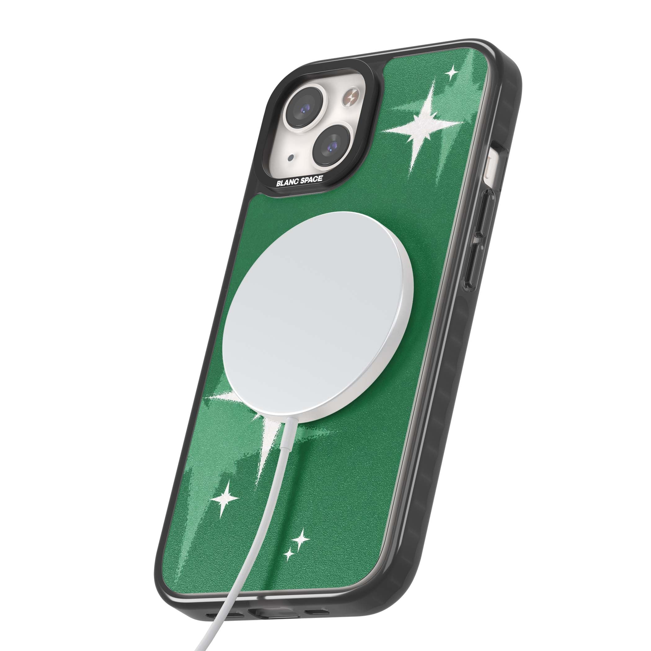 Green Sparkle celestial iPhone case featuring sparkling white four-point stars on a deep green background | Black Impact Magsafe case for iPhone 13, iPhone 14, iPhone 15