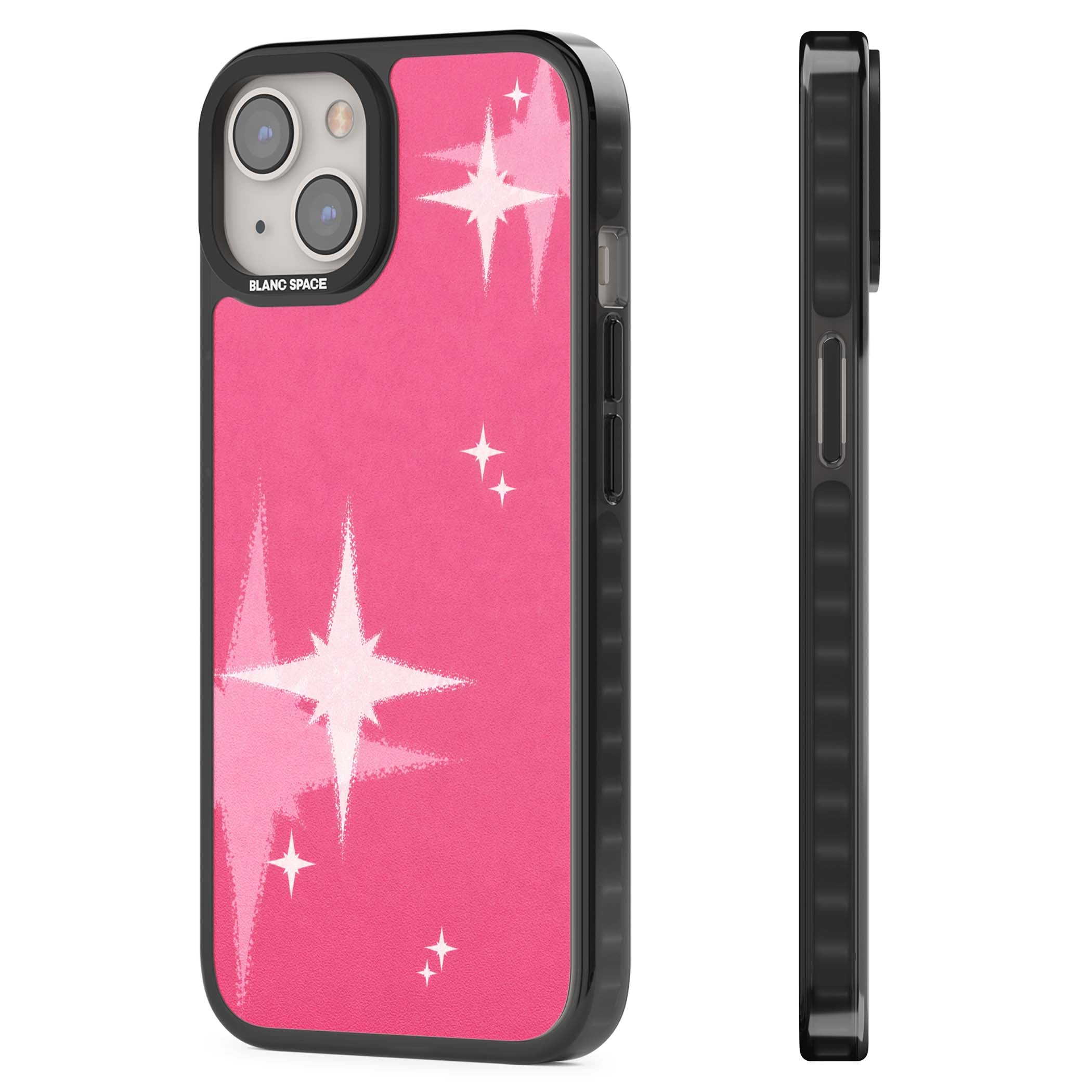 Pink Sparkle Y2K iPhone case featuring hot pink background with shimmering white starburst pattern | Black Impact Magsafe case for iPhone 13, iPhone 14, iPhone 15