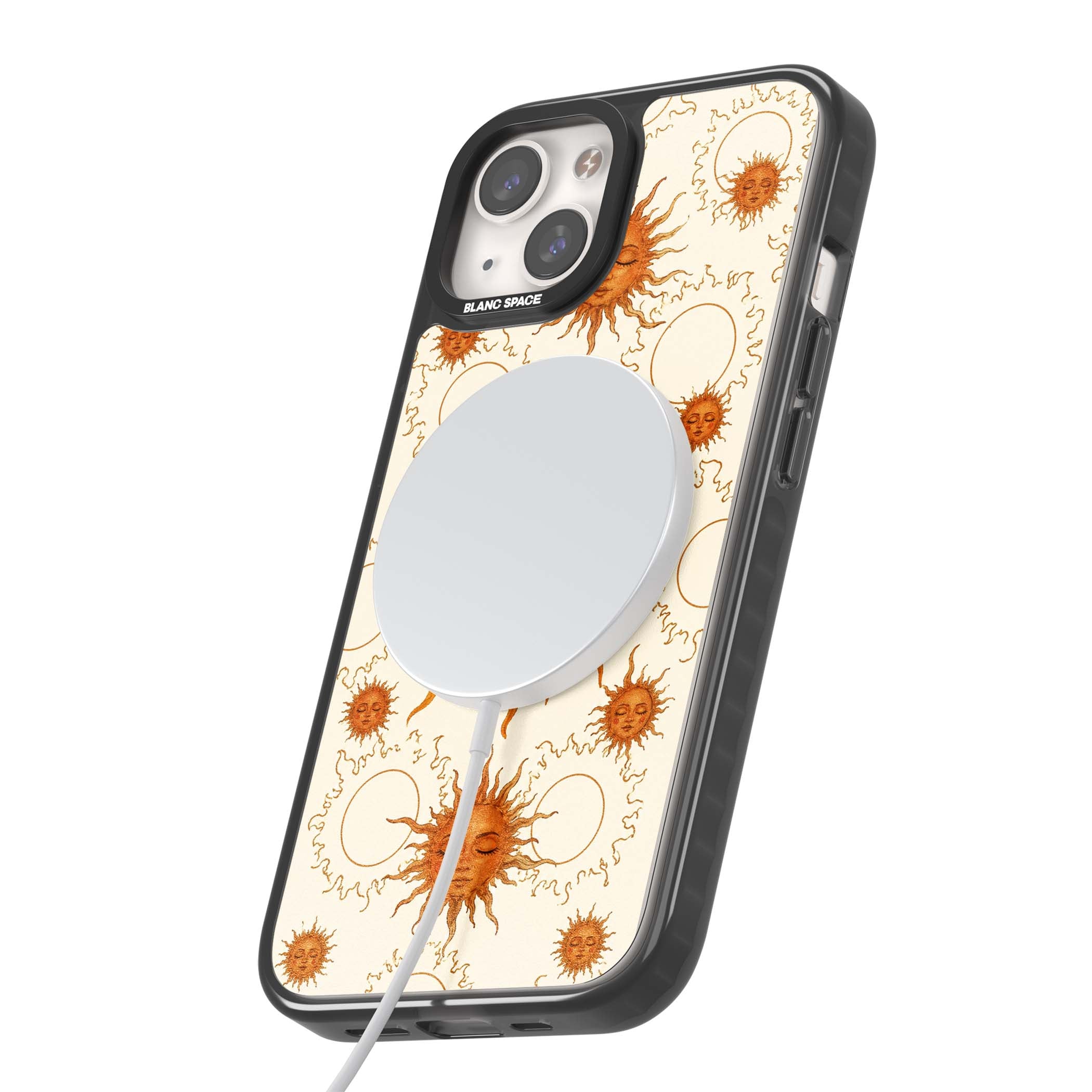 Solstice Muse celestial iPhone case featuring hand-painted golden sun faces, closed-eye sun goddesses and outlined moons... | Black Impact Magsafe case for iPhone 13, iPhone 14, iPhone 15
