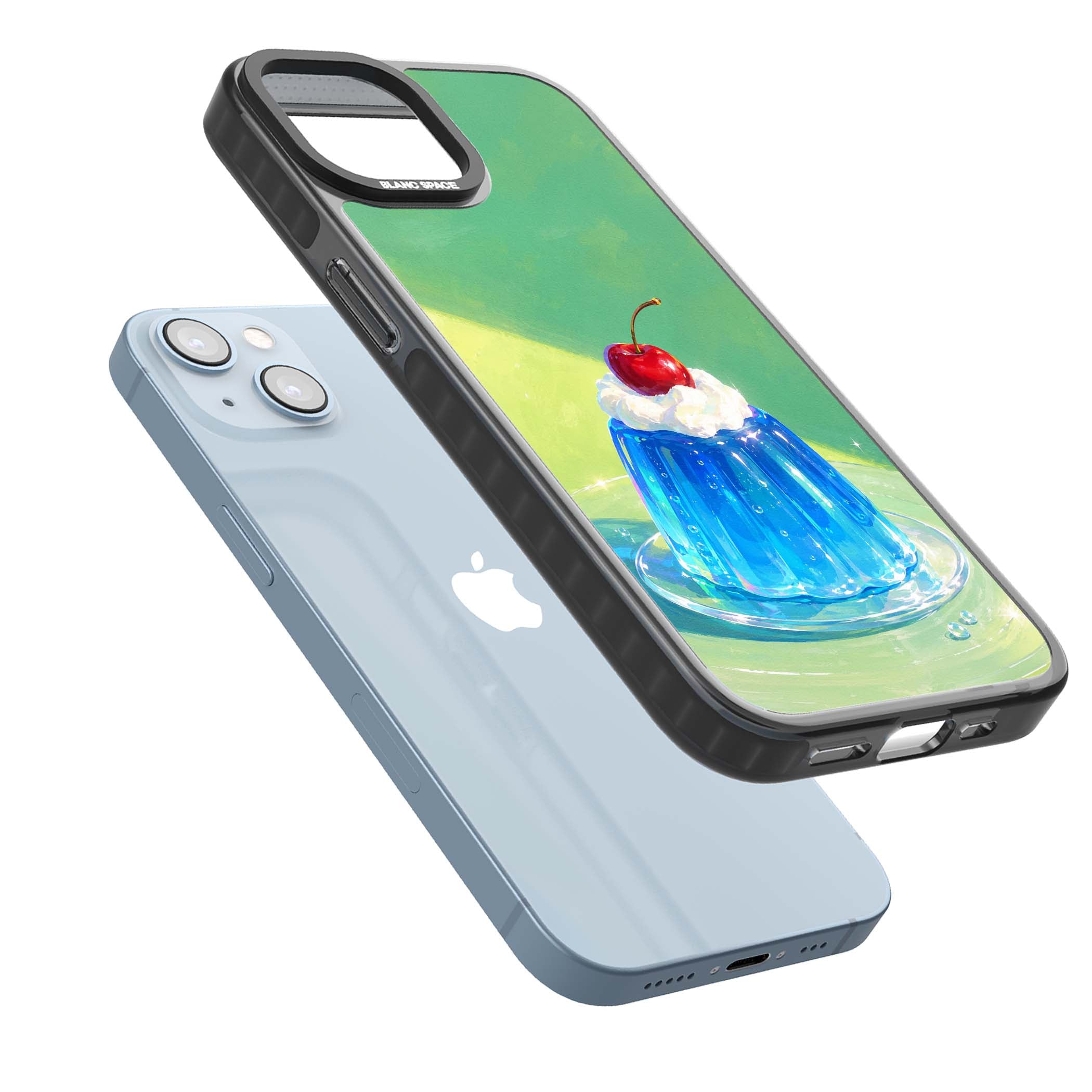 Cherry Jelly kawaii dessert iPhone case featuring blue jelly pudding, whipped cream and a red cherry | Black Impact Magsafe case for iPhone 13, iPhone 14, iPhone 15