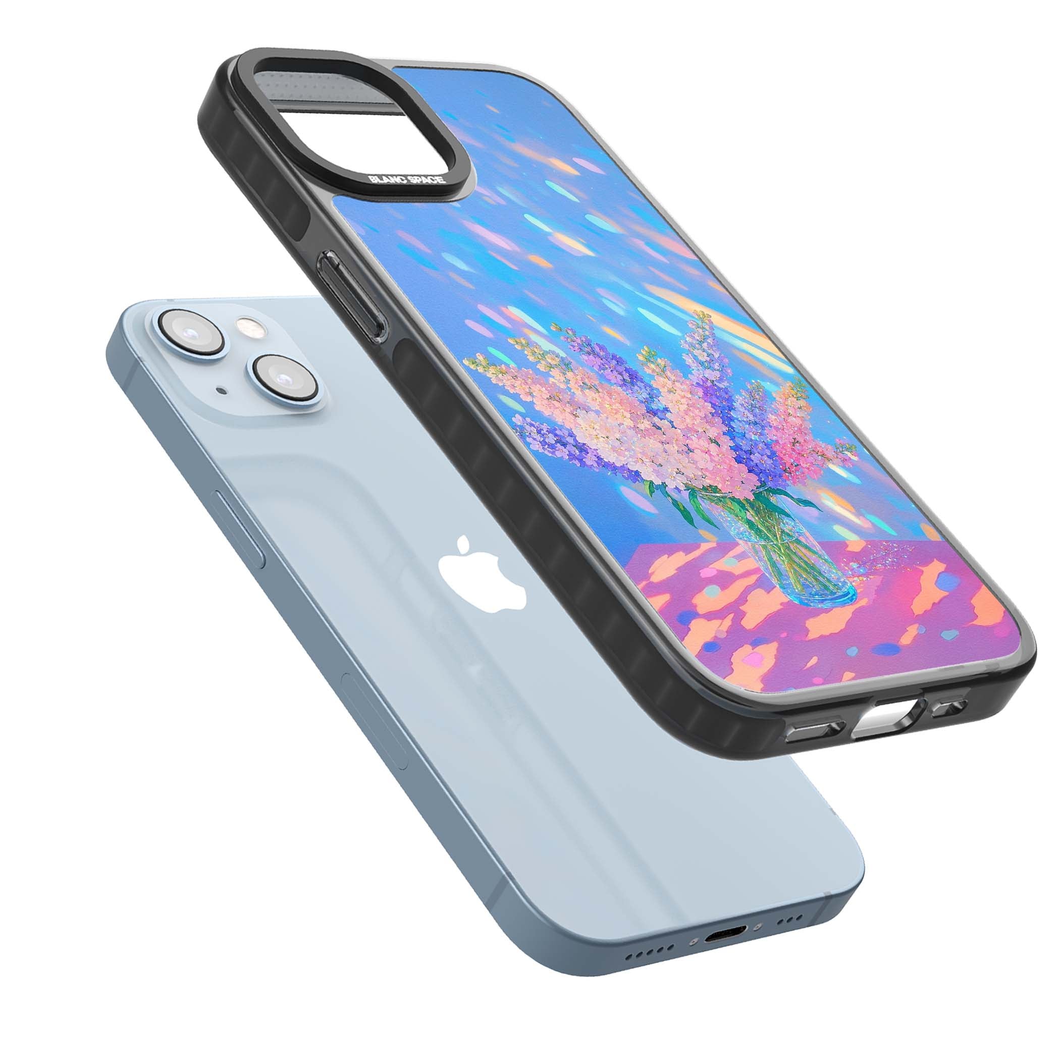 Bubblegum Flowers floral iPhone case featuring pastel lilac and pink bouquet in a glass vase with iridescent light | Black Impact Magsafe case for iPhone 13, iPhone 14, iPhone 15