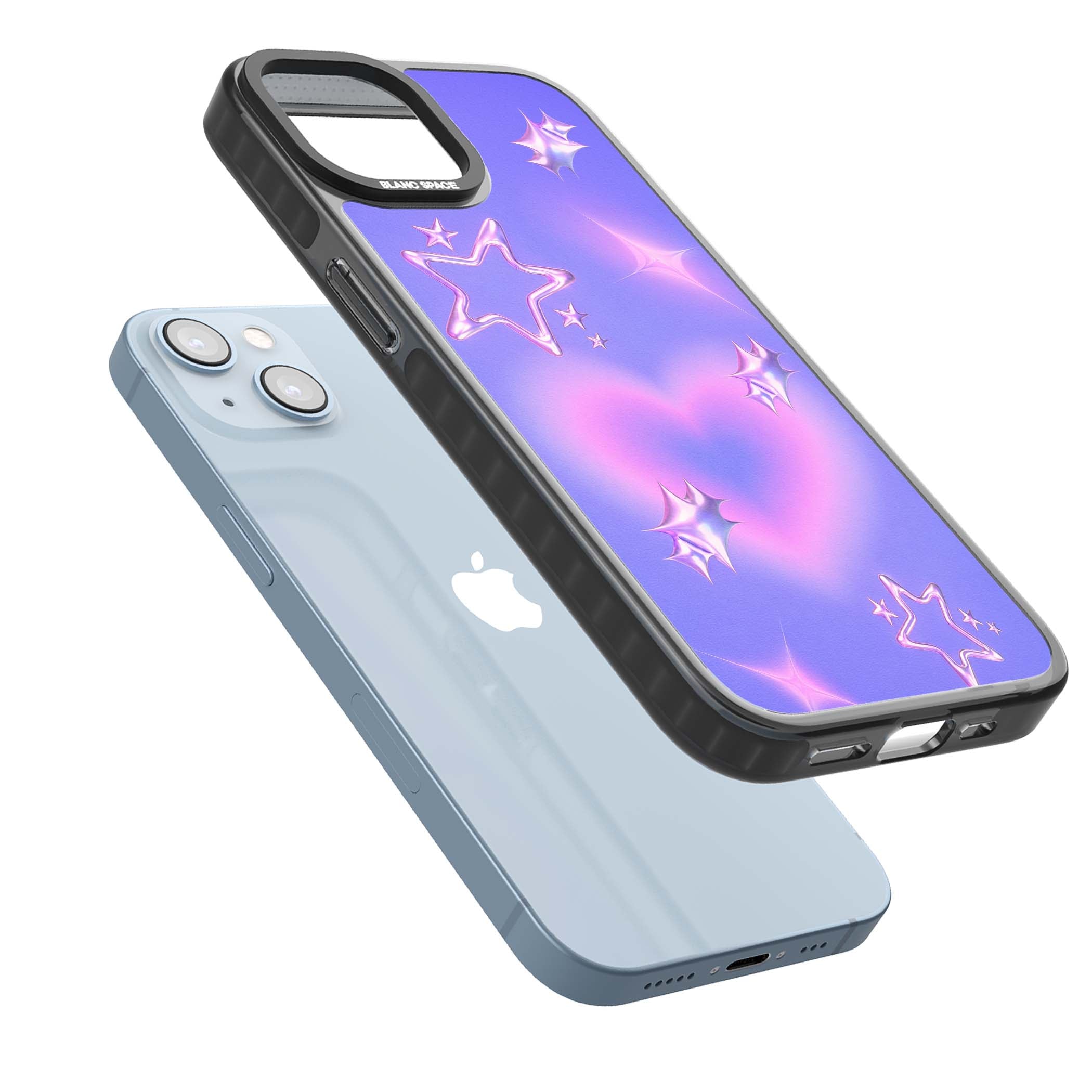 Soft Sugar Y2K iPhone case featuring iridescent chrome hearts, metallic pink stars and a lavender gradient sky | Black Impact Magsafe case for iPhone 13, iPhone 14, iPhone 15