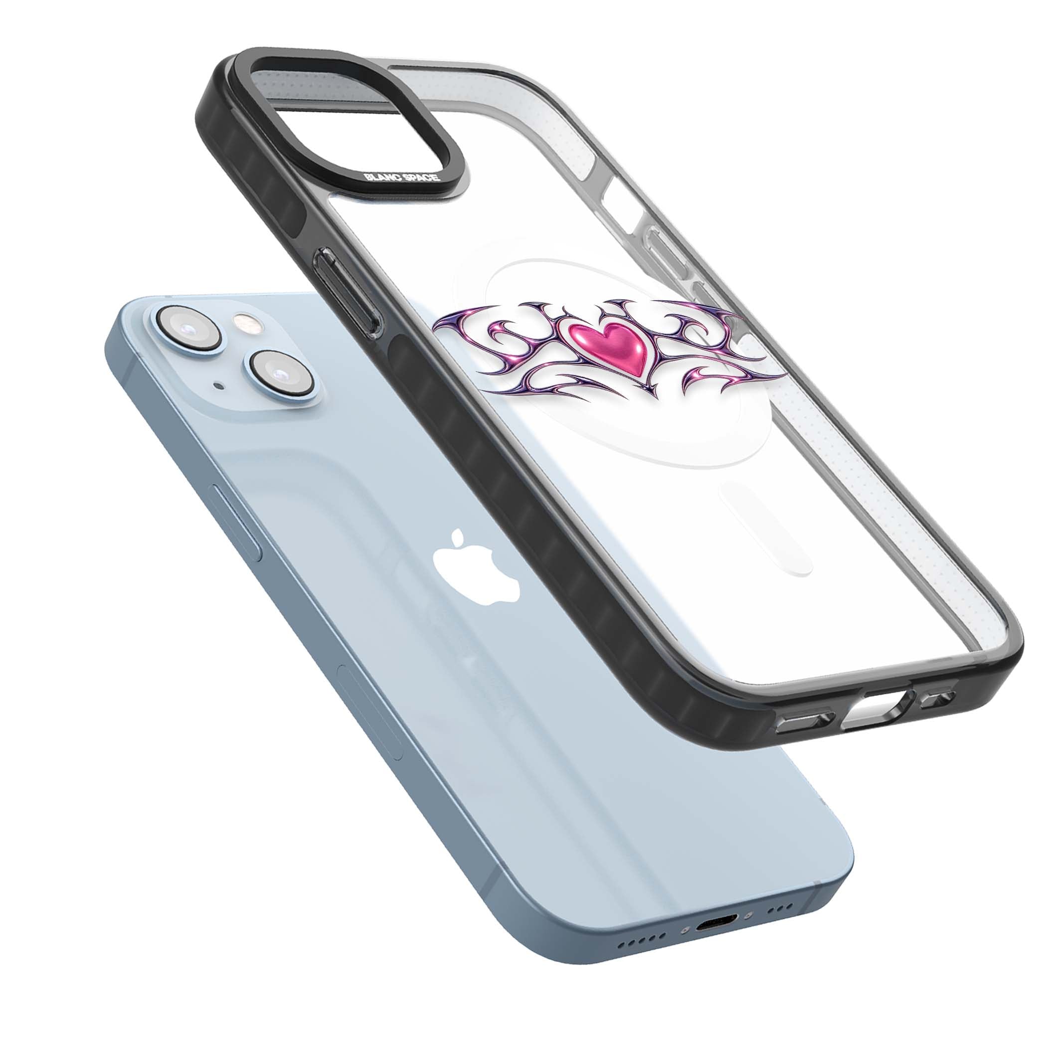 Pink Chrome Heart y2k iPhone case | Black Impact Magsafe case for iPhone 13, iPhone 14, iPhone 15