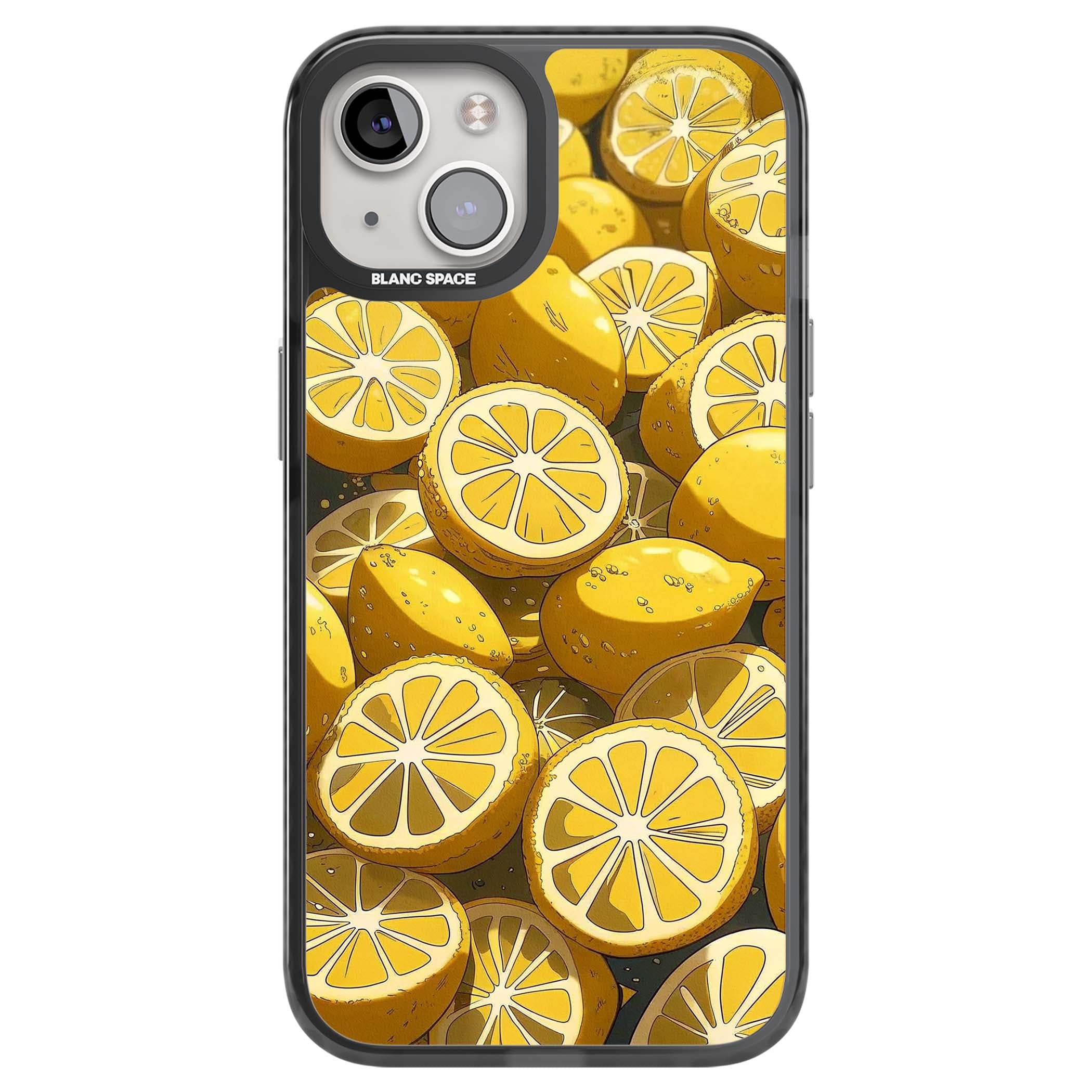 Zesty coastal iPhone case featuring illustrated Mediterranean lemons and citrus slices in golden yellow | Black Impact Magsafe case for iPhone 13, iPhone 14, iPhone 15