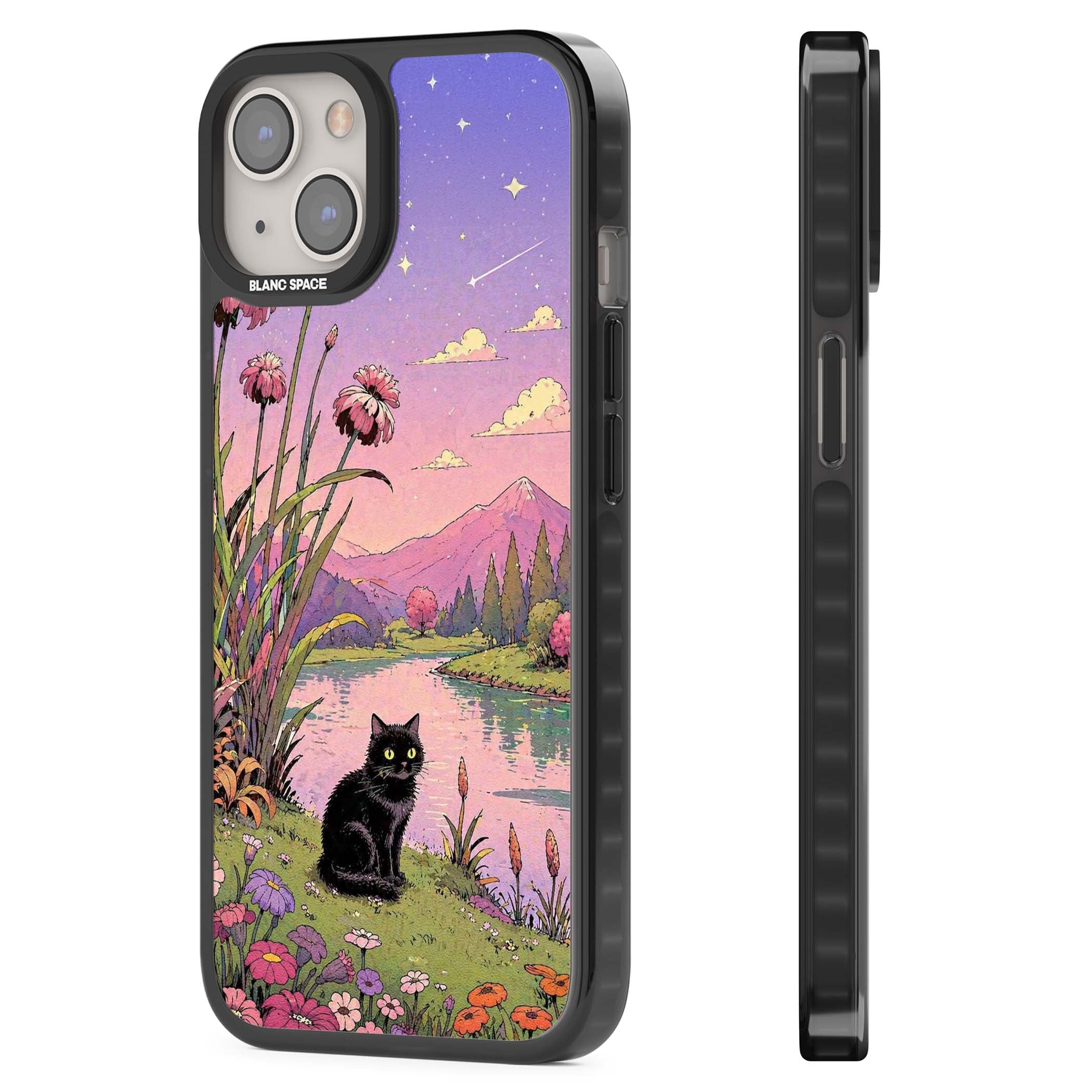 Mystic Whiskers ghibli iPhone case featuring a black cat by a pastel lake, wildflowers and a starry sunset sky | Black Impact case for iPhone 13, iPhone 14, iPhone 15