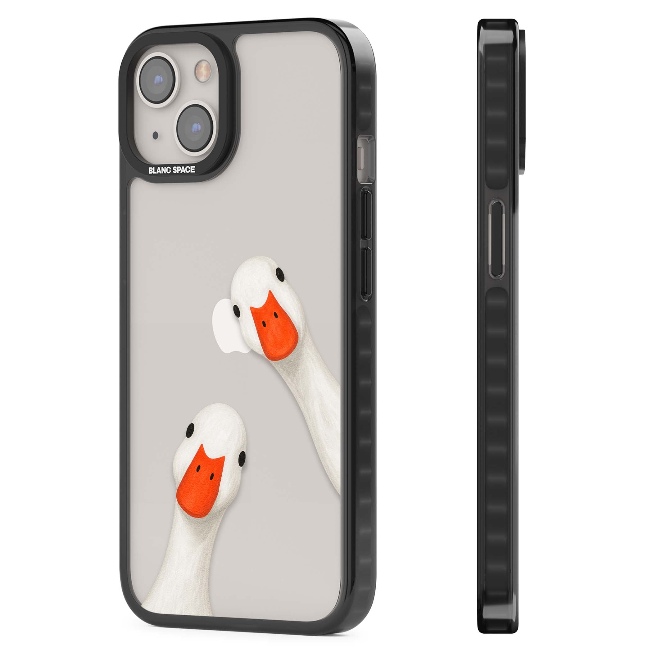 Nosy Ducks cottagecore iPhone case featuring two peeking white ducks with orange beaks on a clear background | Black Impact case for iPhone 13, iPhone 14, iPhone 15