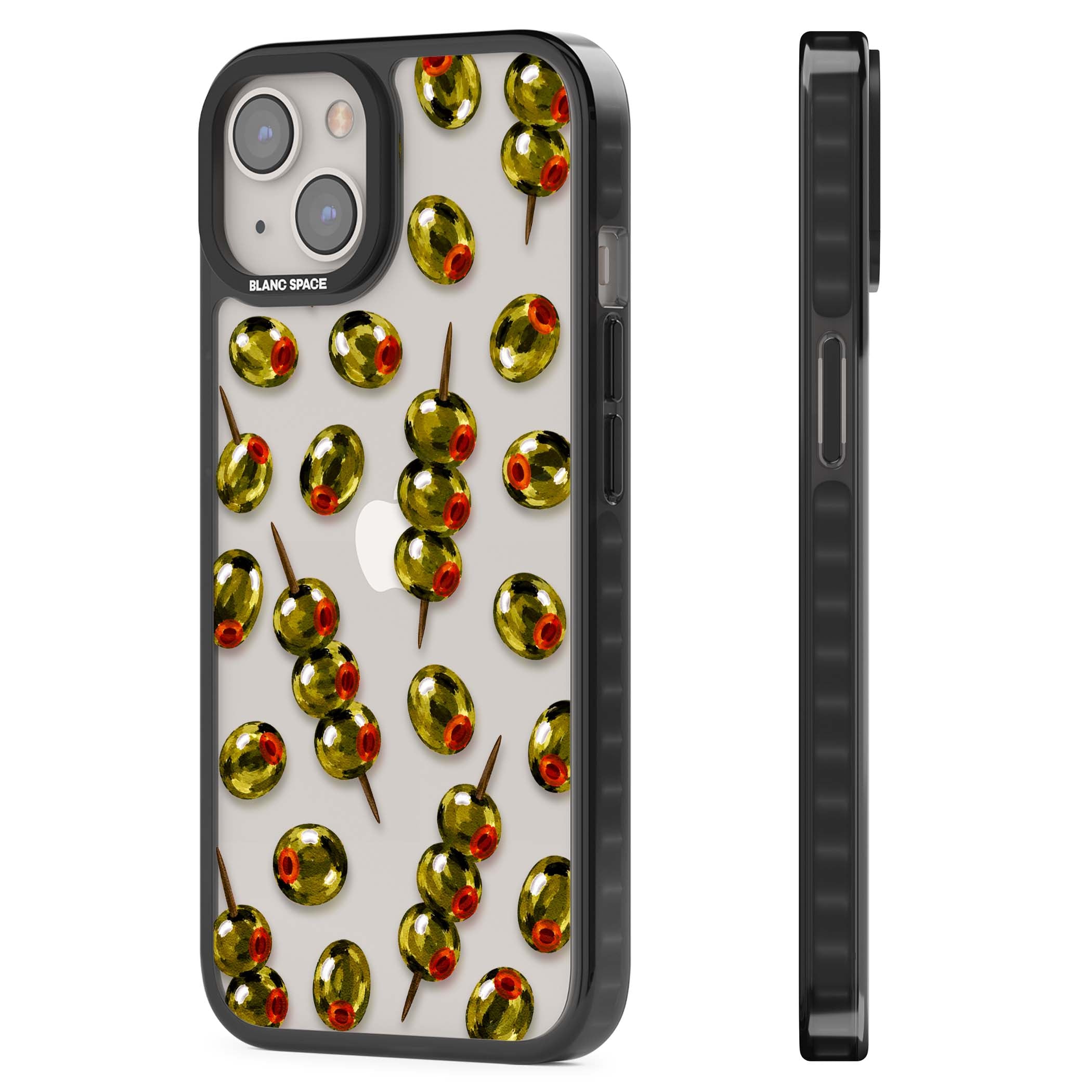 Painted Olives cocktail iPhone case featuring green olives, pimento centres and toothpick skewers on a clear background | Black Impact case for iPhone 13, iPhone 14, iPhone 15