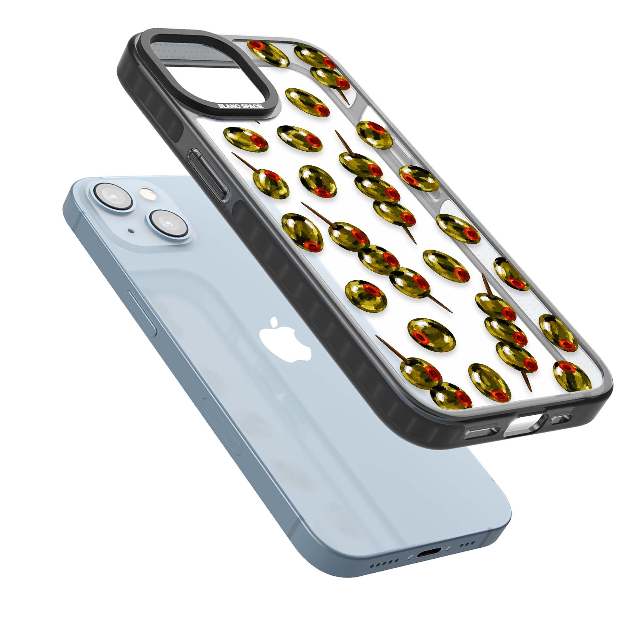 Painted Olives cocktail iPhone case featuring green olives, pimento centres and toothpick skewers on a clear background | Black Impact case for iPhone 13, iPhone 14, iPhone 15
