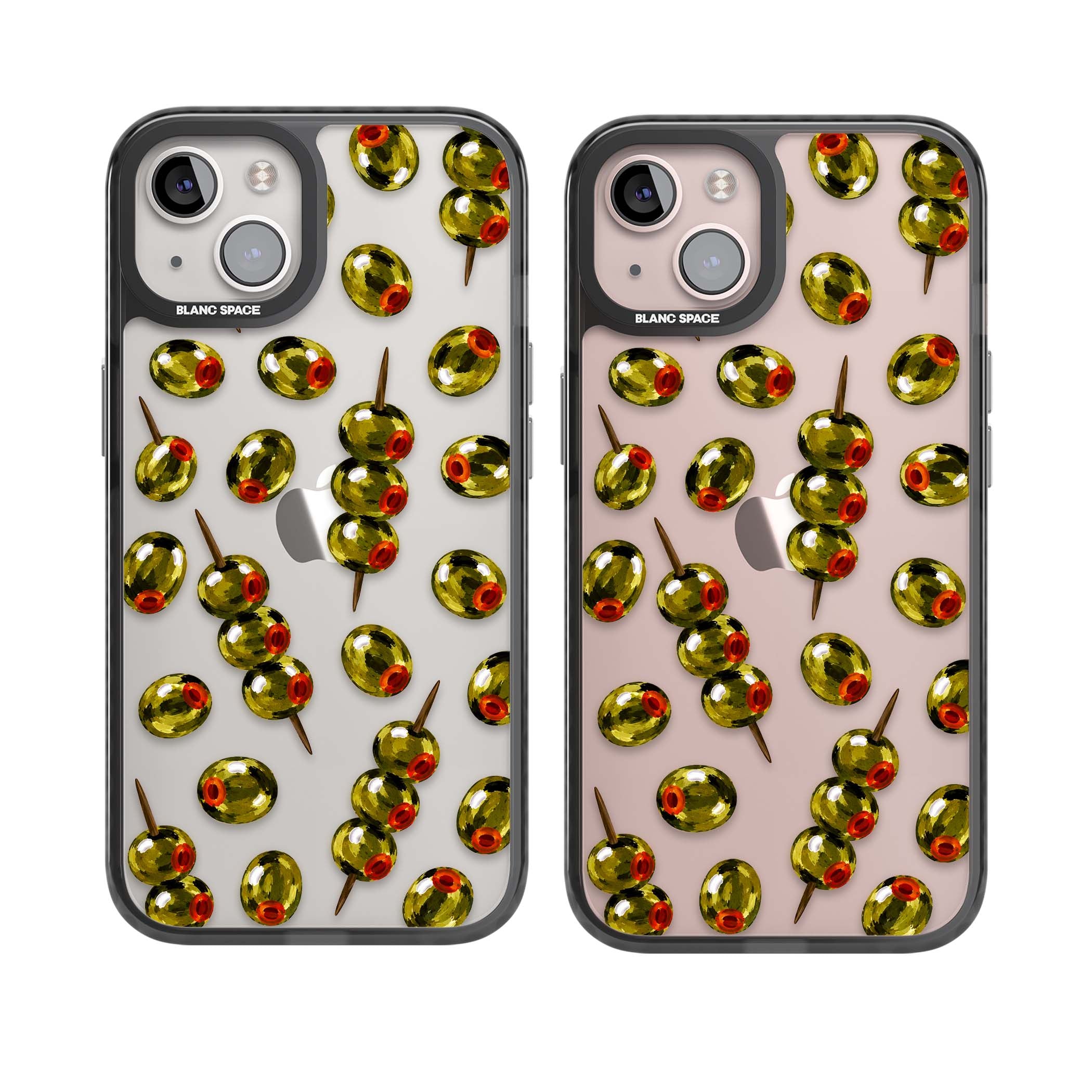 Painted Olives cocktail iPhone case featuring green olives, pimento centres and toothpick skewers on a clear background | Black Impact case for iPhone 13, iPhone 14, iPhone 15