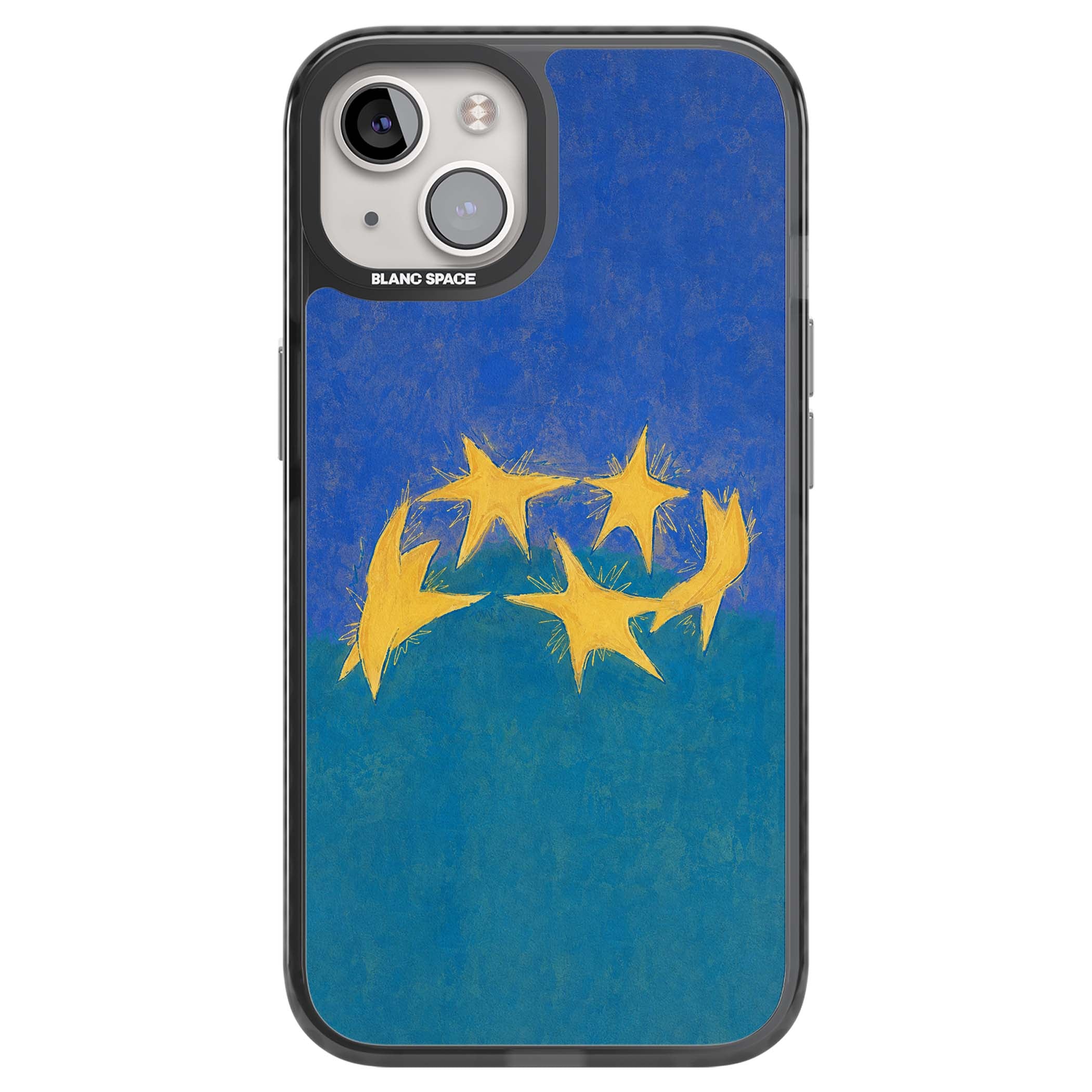 Star Boogie stars aesthetic iPhone case featuring five yellow hand-painted stars on cobalt blue and teal | Black Impact case for iPhone 13, iPhone 14, iPhone 15