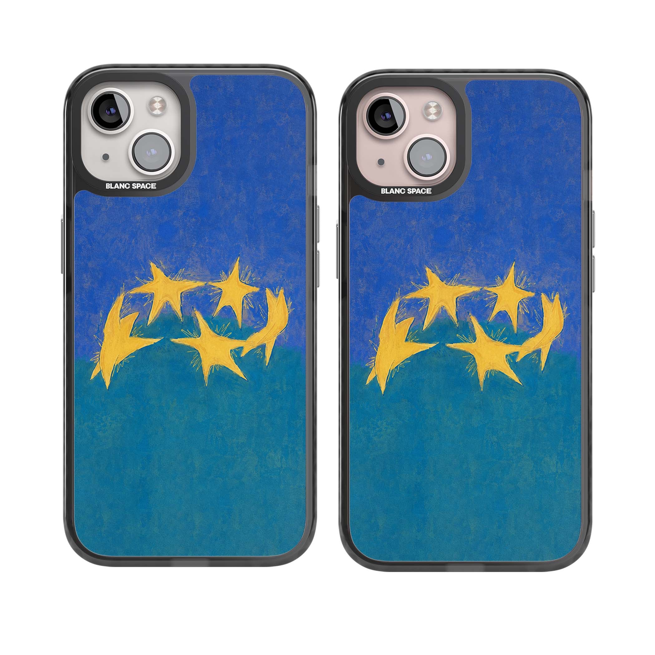 Star Boogie stars aesthetic iPhone case featuring five yellow hand-painted stars on cobalt blue and teal | Black Impact case for iPhone 13, iPhone 14, iPhone 15