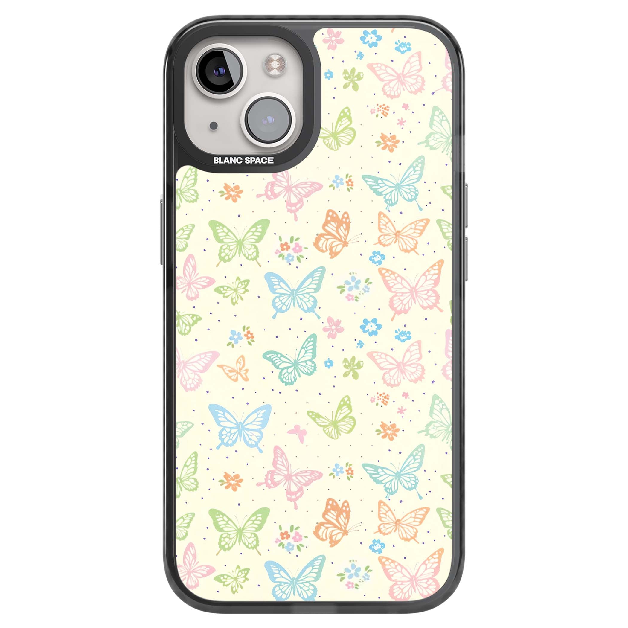 Sugar Wings cottagecore iPhone case featuring rainbow pastel butterflies, tiny wildflowers, and a cream background | Black Impact case for iPhone 13, iPhone 14, iPhone 15