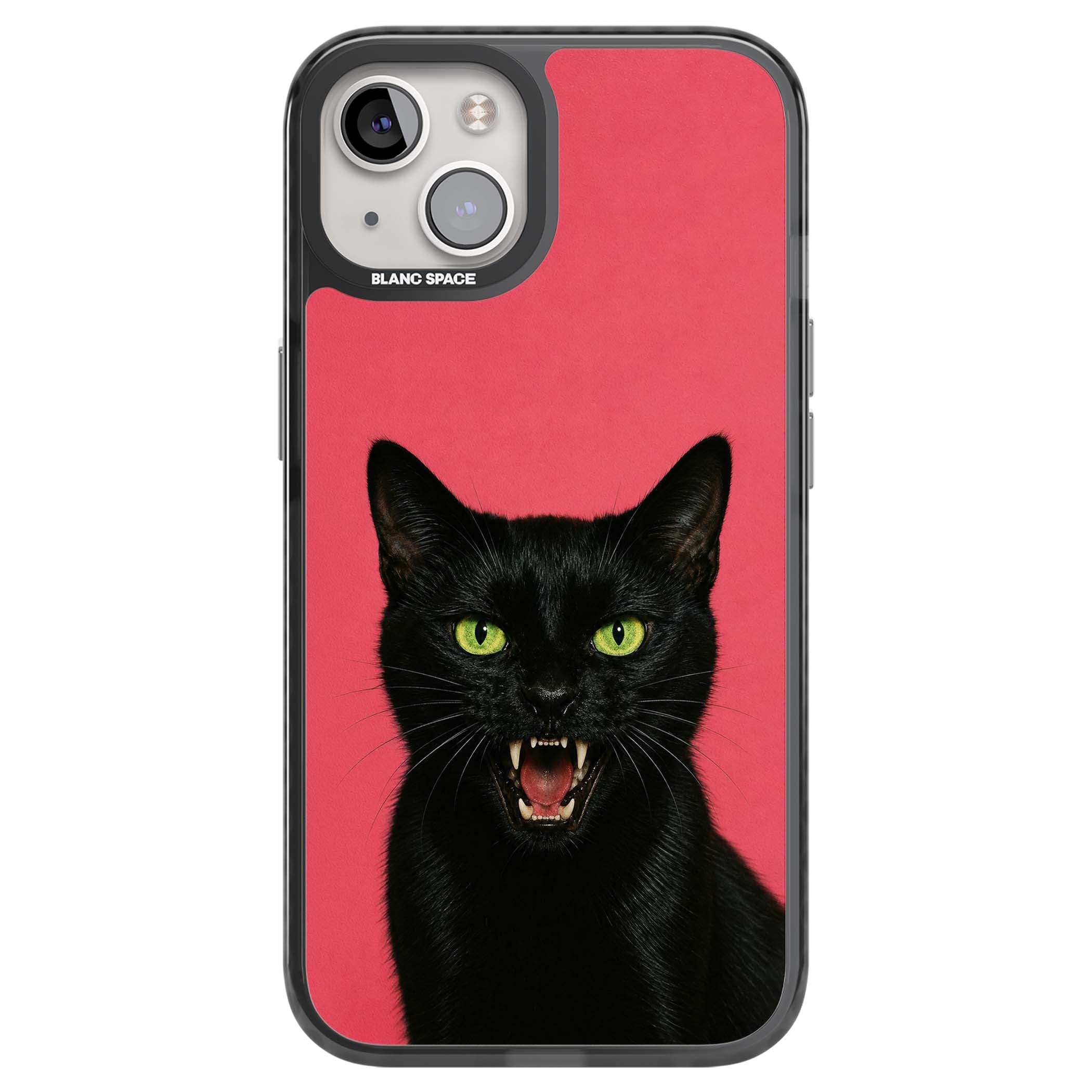 Hissin' Baddie black cat iPhone case featuring a hissing feline with green eyes on a hot pink background | Black Impact case for iPhone 13, iPhone 14, iPhone 15