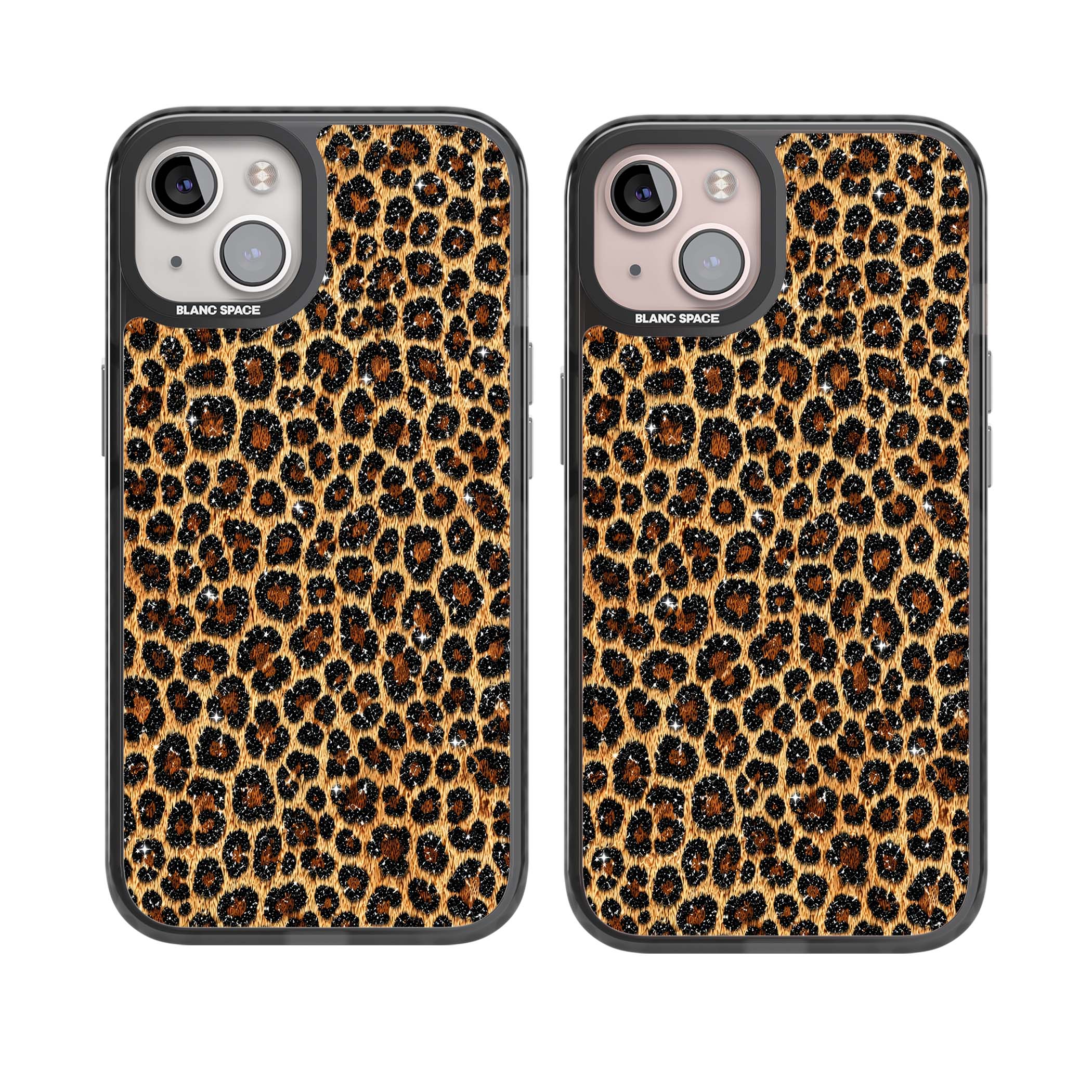 Diamond Leopard leopard print iPhone case featuring golden tan fur, black rosette spots and subtle glitter sparkle | Black Impact case for iPhone 13, iPhone 14, iPhone 15