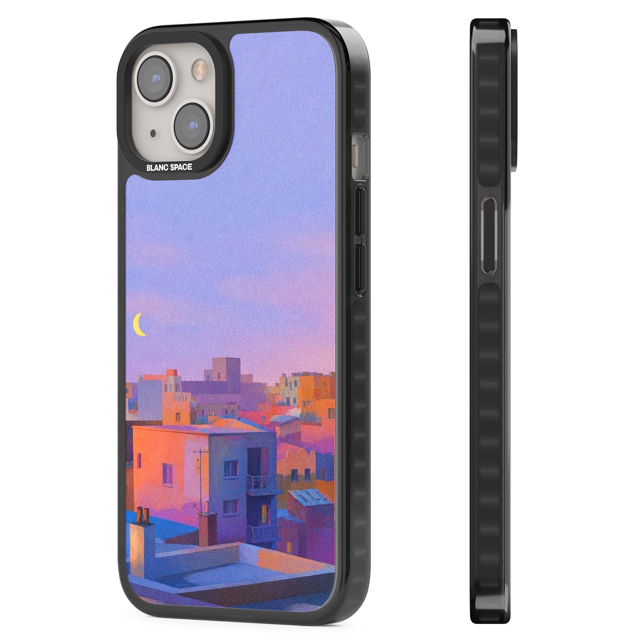 Twilight Rooftops vaporwave iPhone case featuring a pastel sunset cityscape, painted rooftops and a crescent moon. | Black Impact case for iPhone 13, iPhone 14, iPhone 15