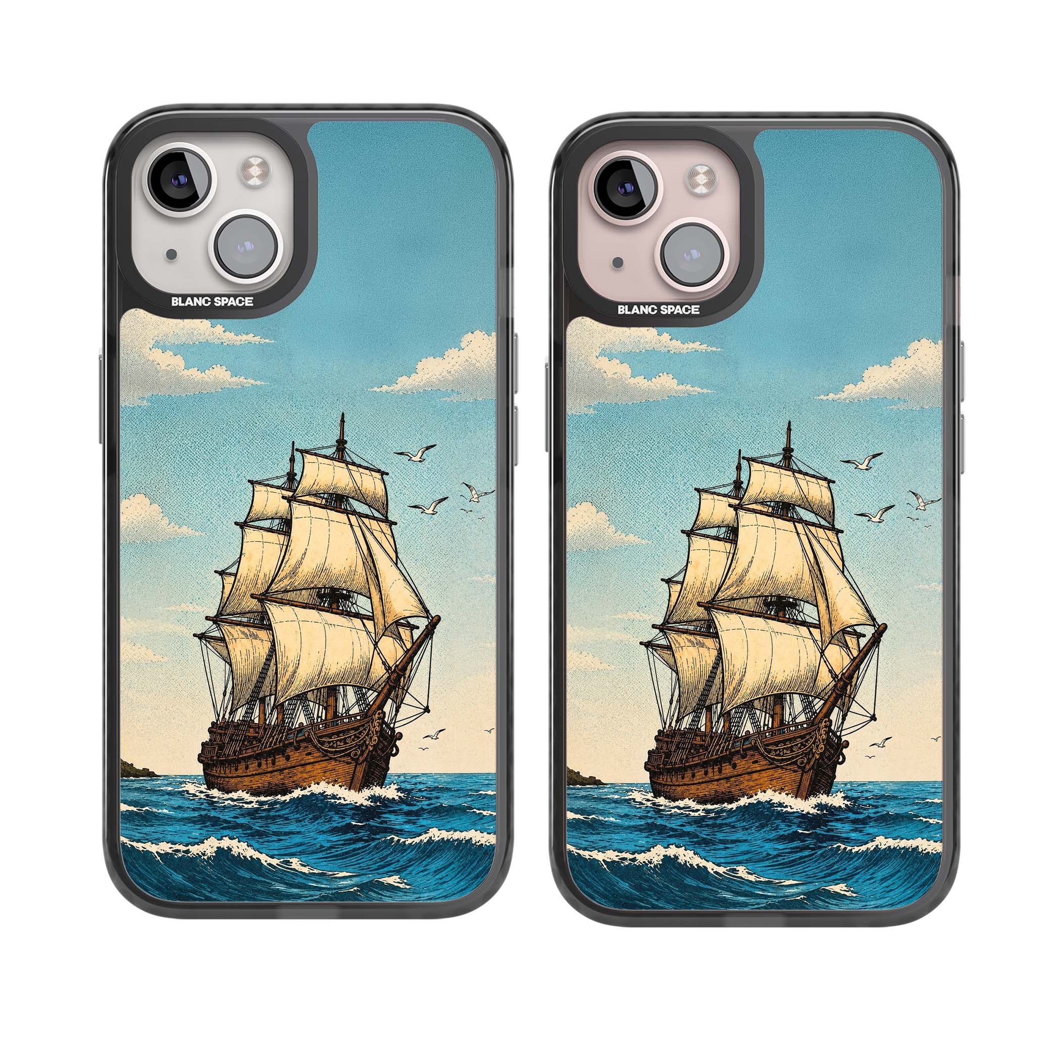 Ship at Sea nautical iPhone case featuring a vintage tall ship, ocean waves and seagulls | Black Impact case for iPhone 13, iPhone 14, iPhone 15
