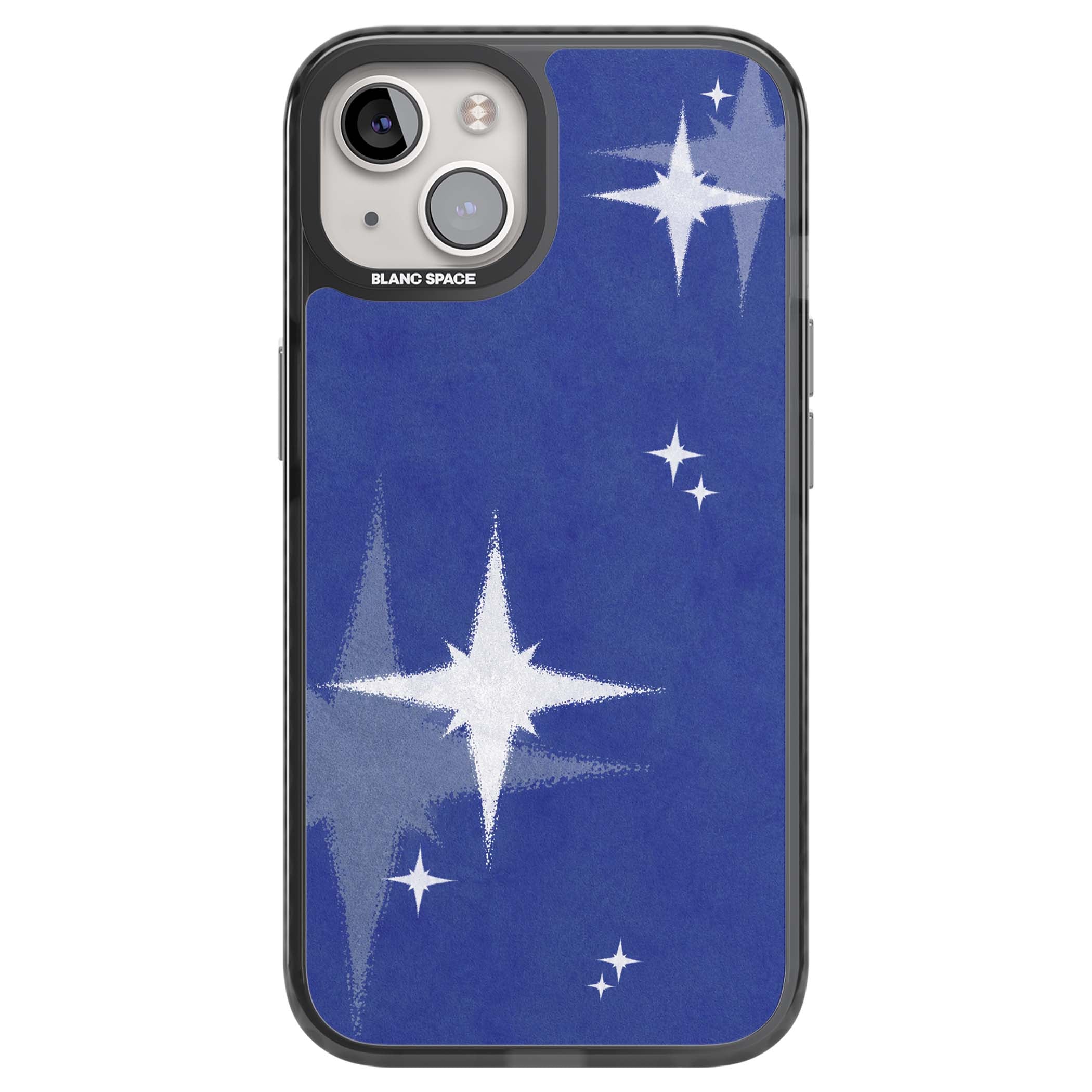 Blue Sparkle celestial iPhone case featuring sparkling silver stars on a deep blue painterly night sky | Black Impact case for iPhone 13, iPhone 14, iPhone 15