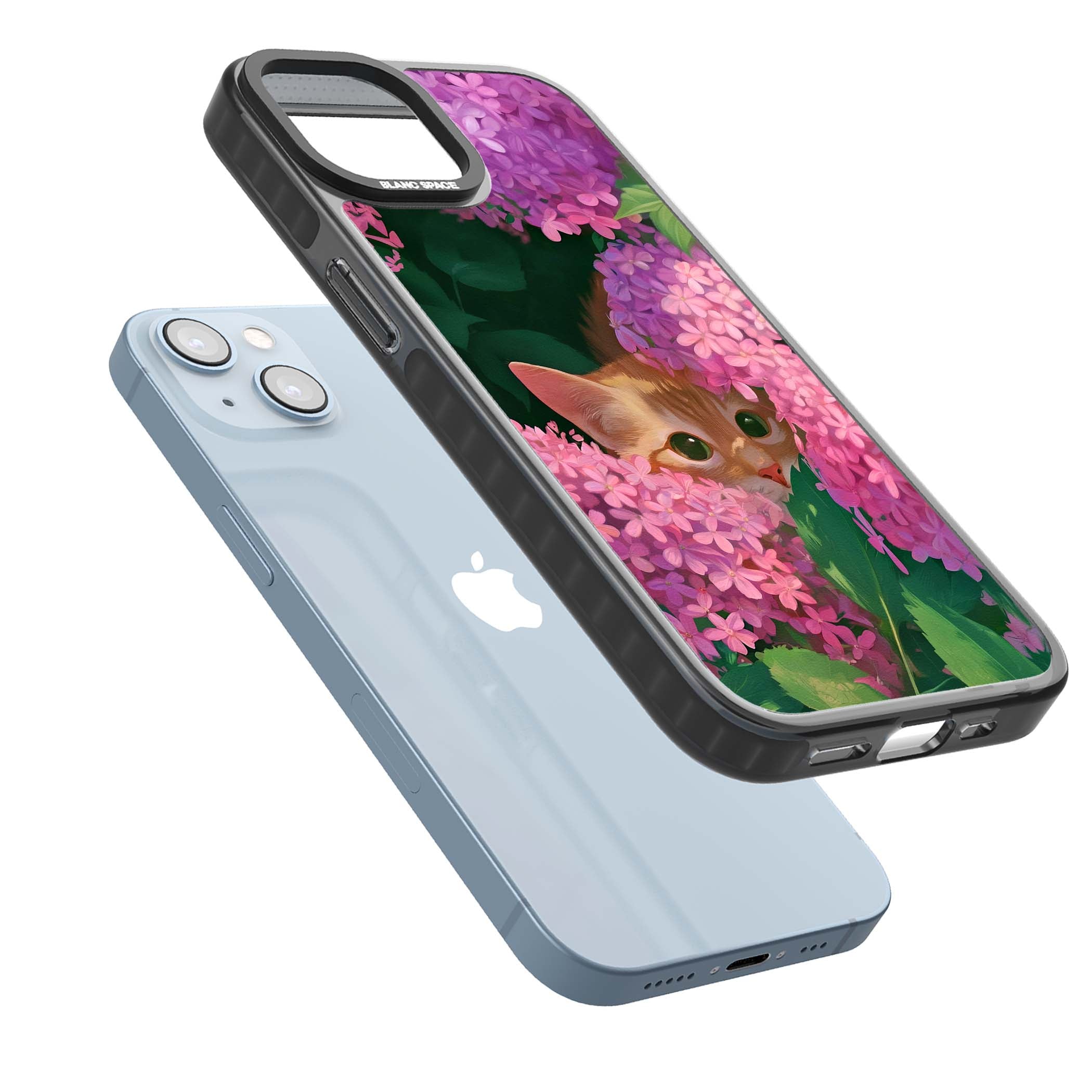 Cat In Pink Flowers cottagecore iPhone case featuring a ginger kitten peeking through lilac and pink hydrangea flo | Black Impact case for iPhone 13, iPhone 14, iPhone 15