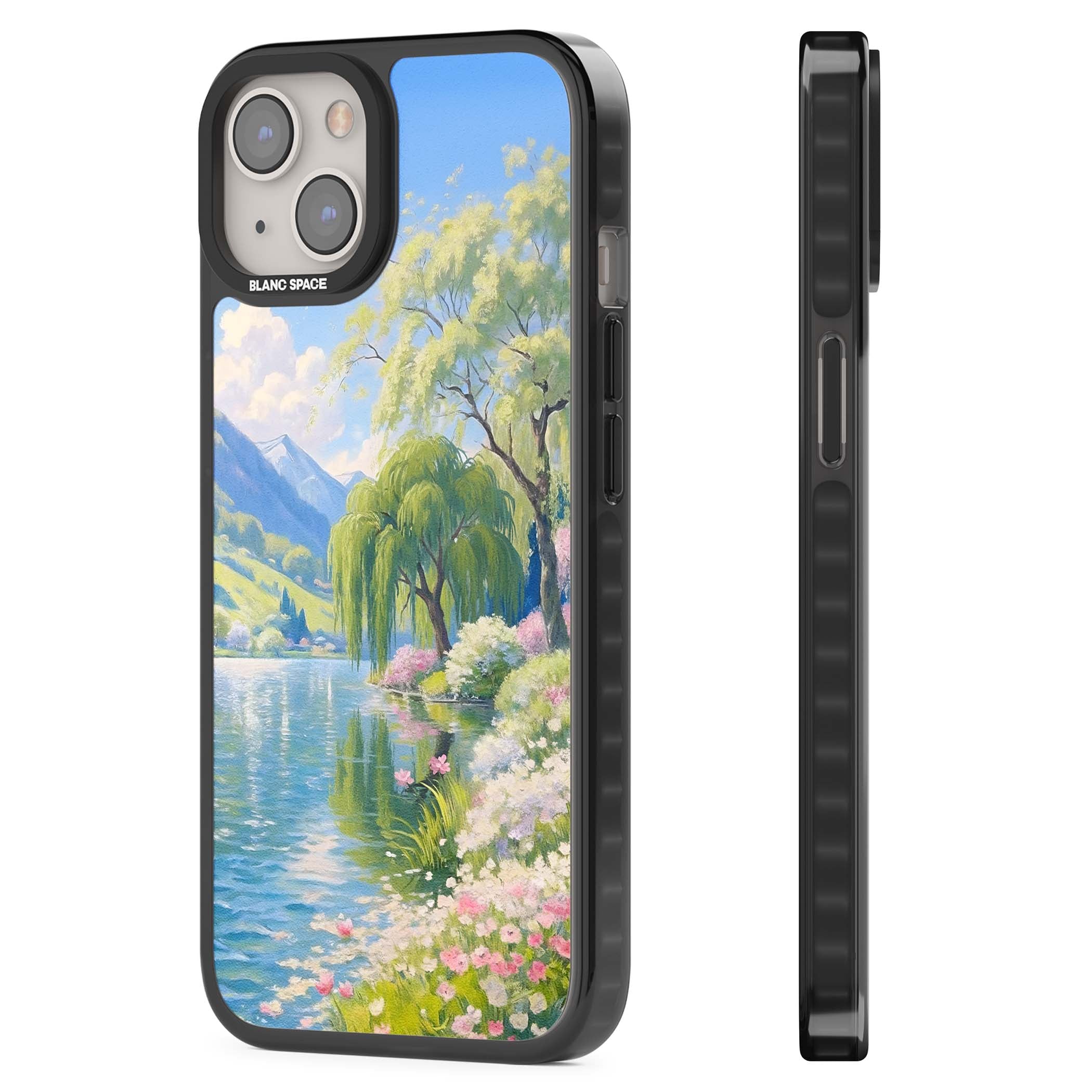 Willow Lake cottagecore iPhone case featuring a painted lakeside with weeping willow, blossoms and distant mountains | Black Impact case for iPhone 13, iPhone 14, iPhone 15