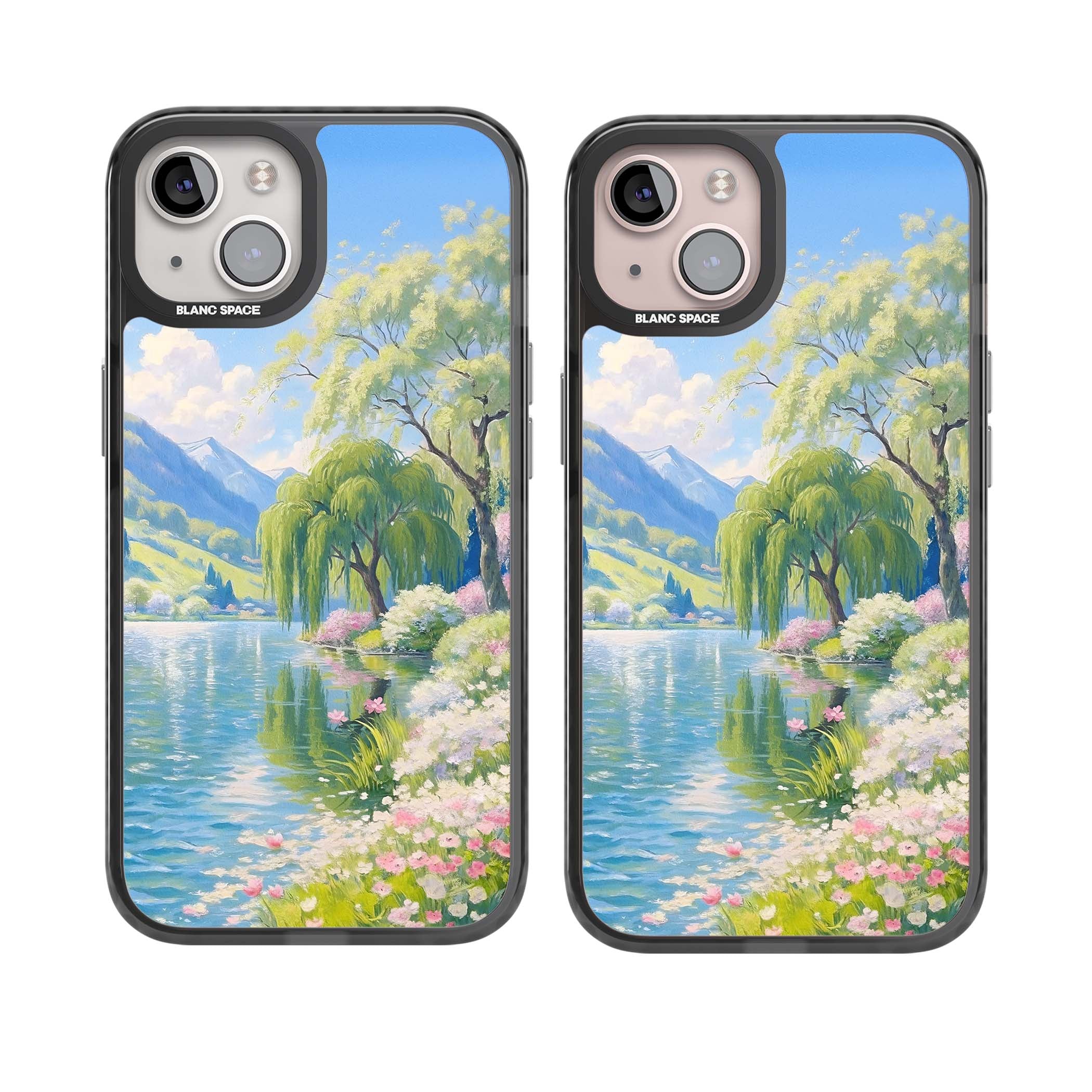 Willow Lake cottagecore iPhone case featuring a painted lakeside with weeping willow, blossoms and distant mountains | Black Impact case for iPhone 13, iPhone 14, iPhone 15