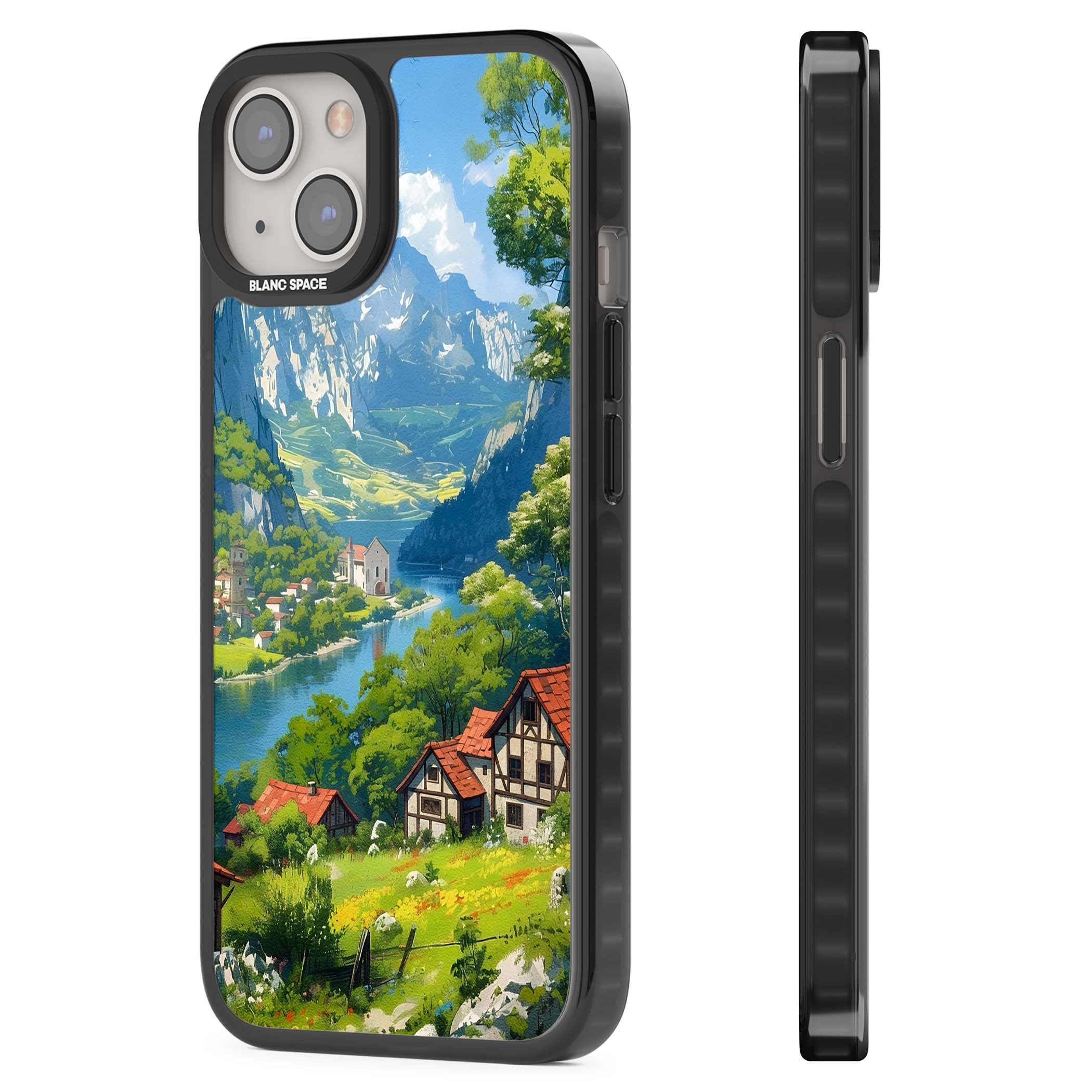 Village In The Valley anime iPhone case featuring a painted mountain village, river valley and half-timbered cottages. | Black Impact case for iPhone 13, iPhone 14, iPhone 15