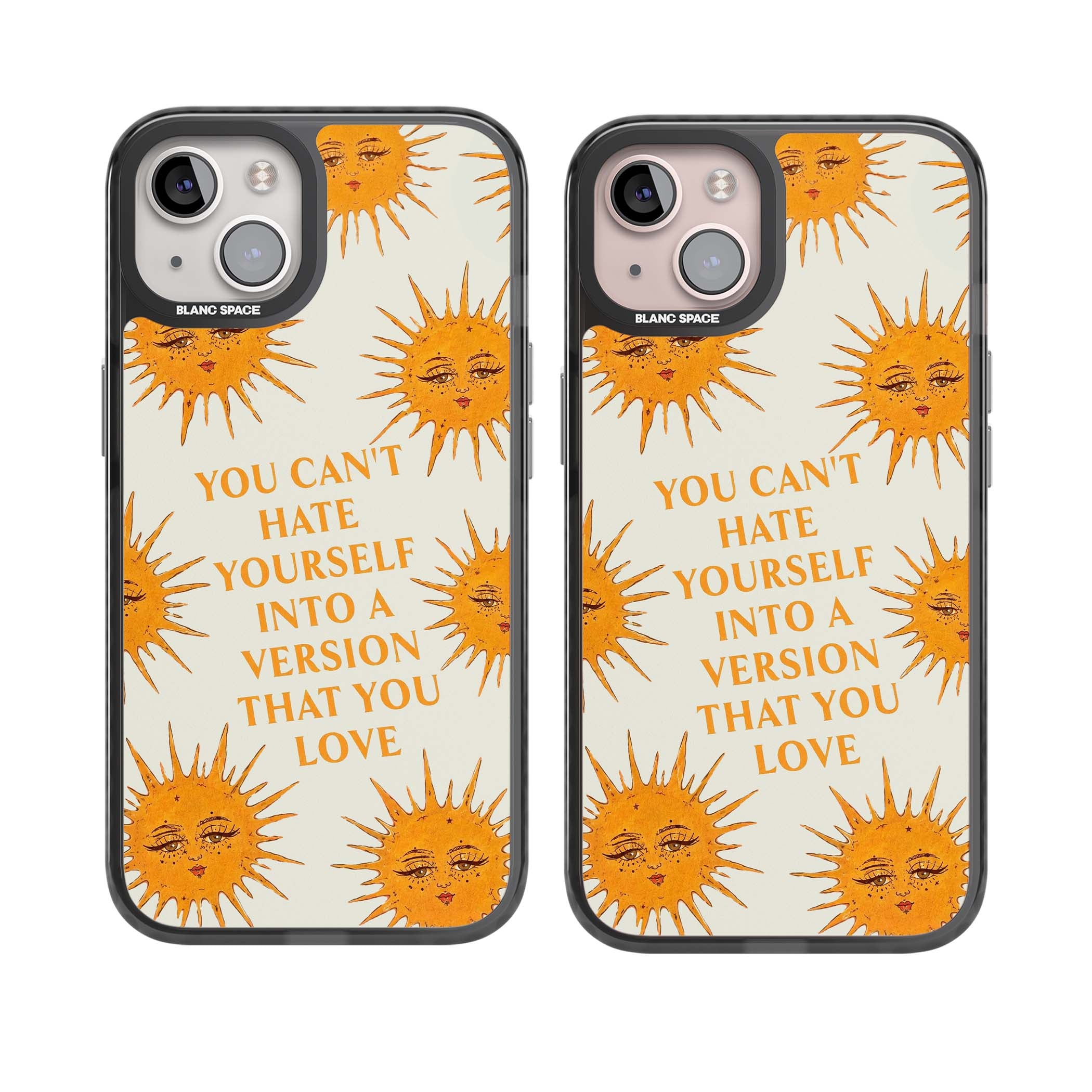 Don't Hate Yourself celestial iPhone case featuring vintage sun faces, ochre rays and a self-love quote | Black Impact case for iPhone 13, iPhone 14, iPhone 15