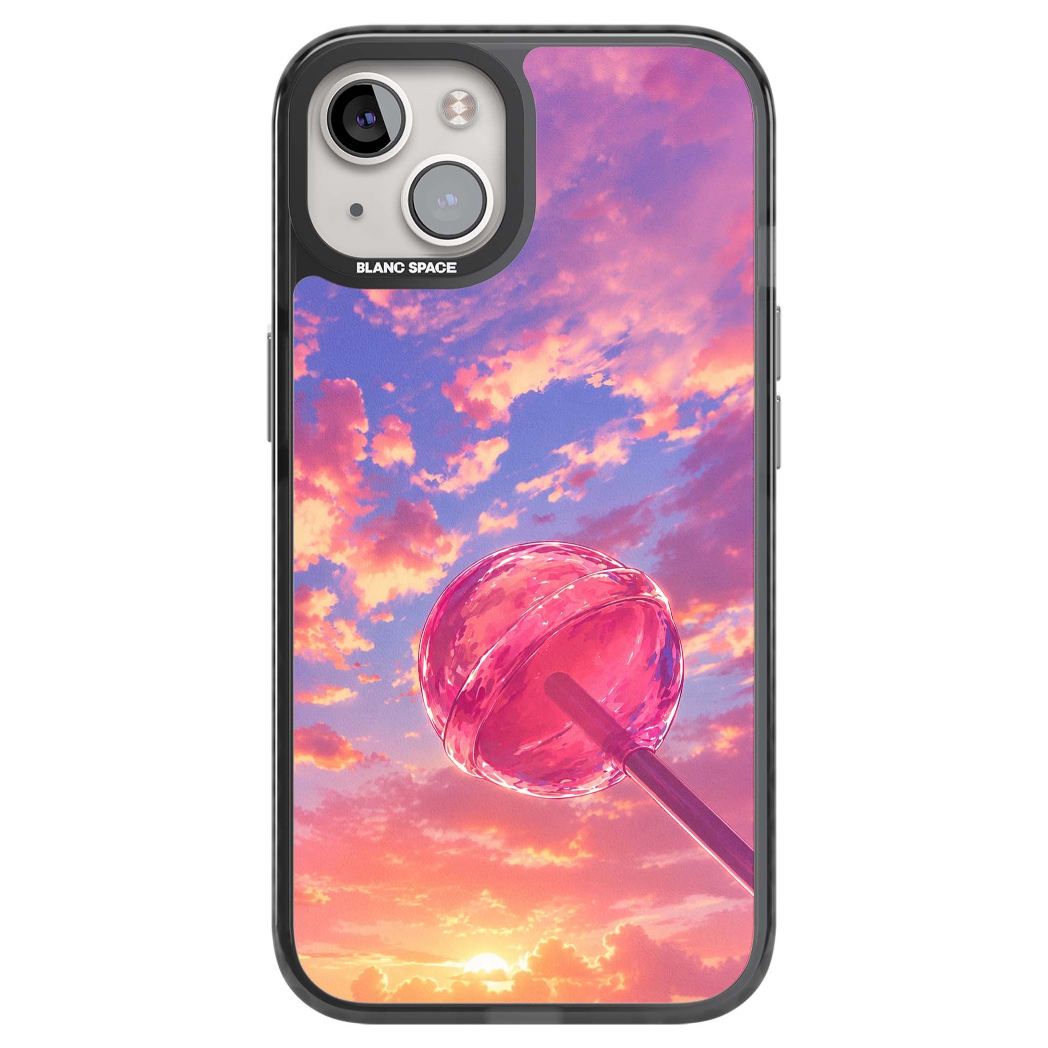 Sugar Sunset candy aesthetic iPhone case featuring a pink lollipop, pastel sunset sky and dreamy clouds | Black Impact case for iPhone 13, iPhone 14, iPhone 15