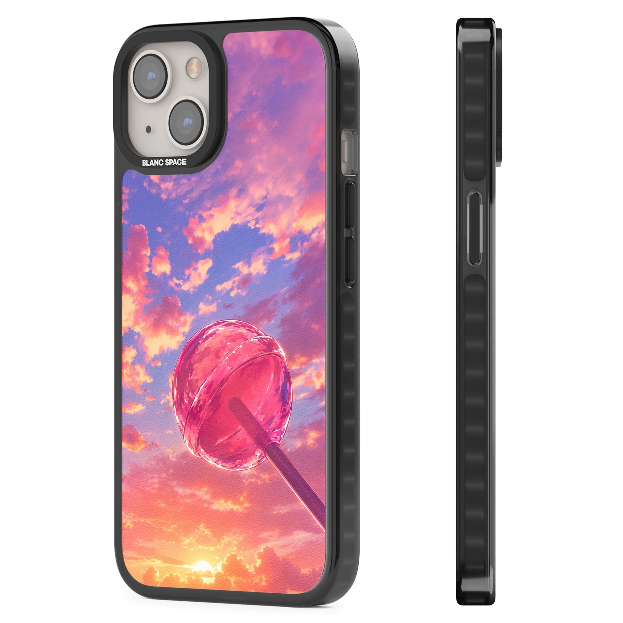 Sugar Sunset candy aesthetic iPhone case featuring a pink lollipop, pastel sunset sky and dreamy clouds | Black Impact case for iPhone 13, iPhone 14, iPhone 15