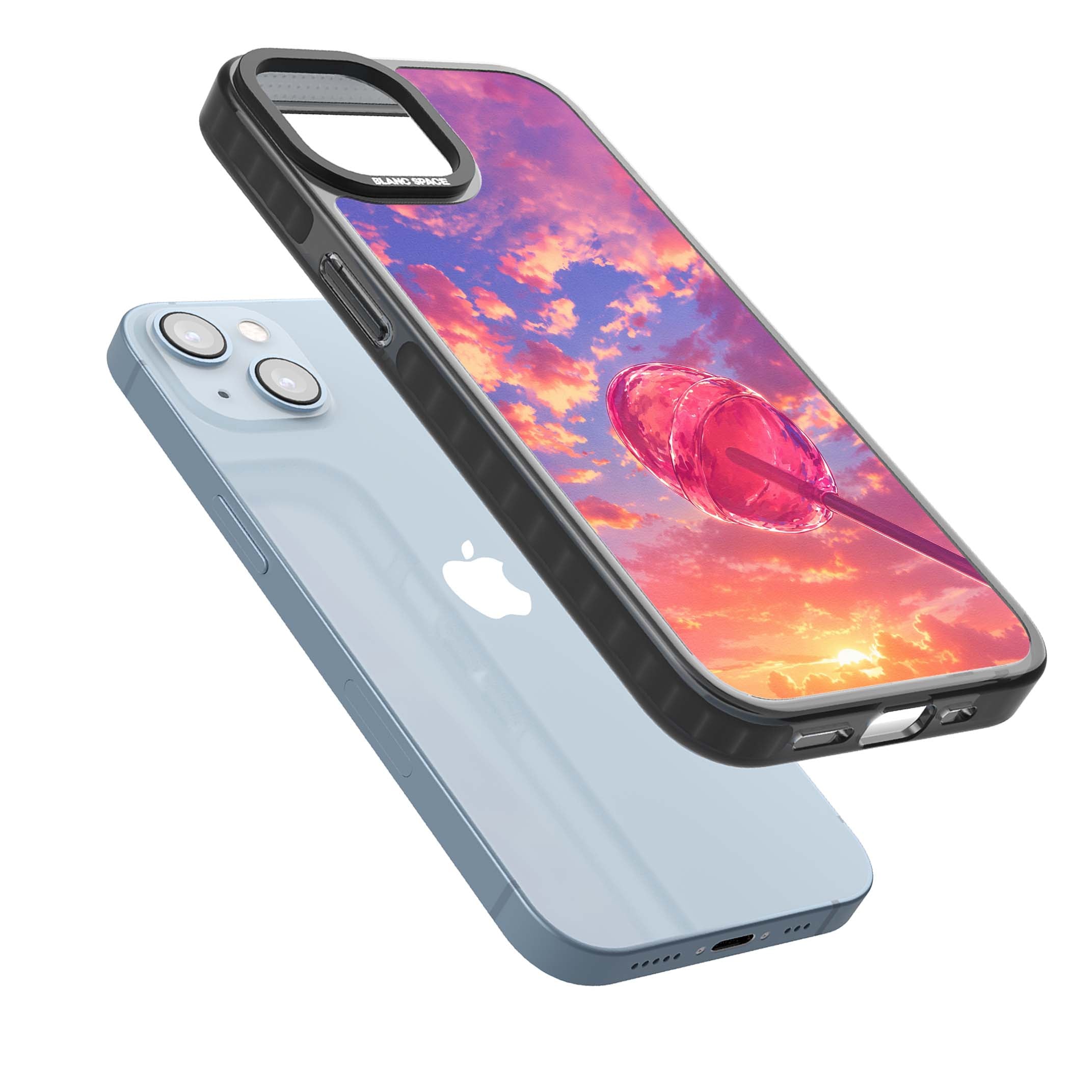 Sugar Sunset candy aesthetic iPhone case featuring a pink lollipop, pastel sunset sky and dreamy clouds | Black Impact case for iPhone 13, iPhone 14, iPhone 15