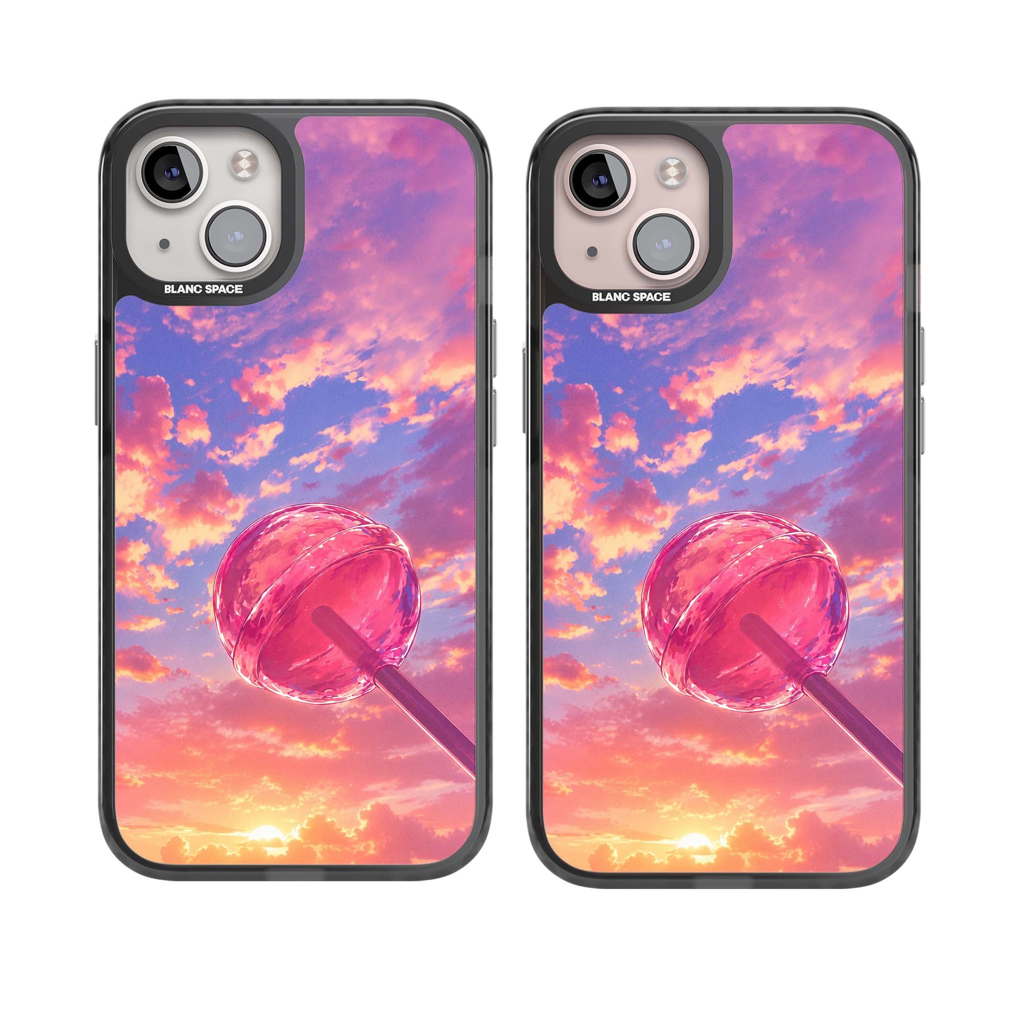 Sugar Sunset candy aesthetic iPhone case featuring a pink lollipop, pastel sunset sky and dreamy clouds | Black Impact case for iPhone 13, iPhone 14, iPhone 15