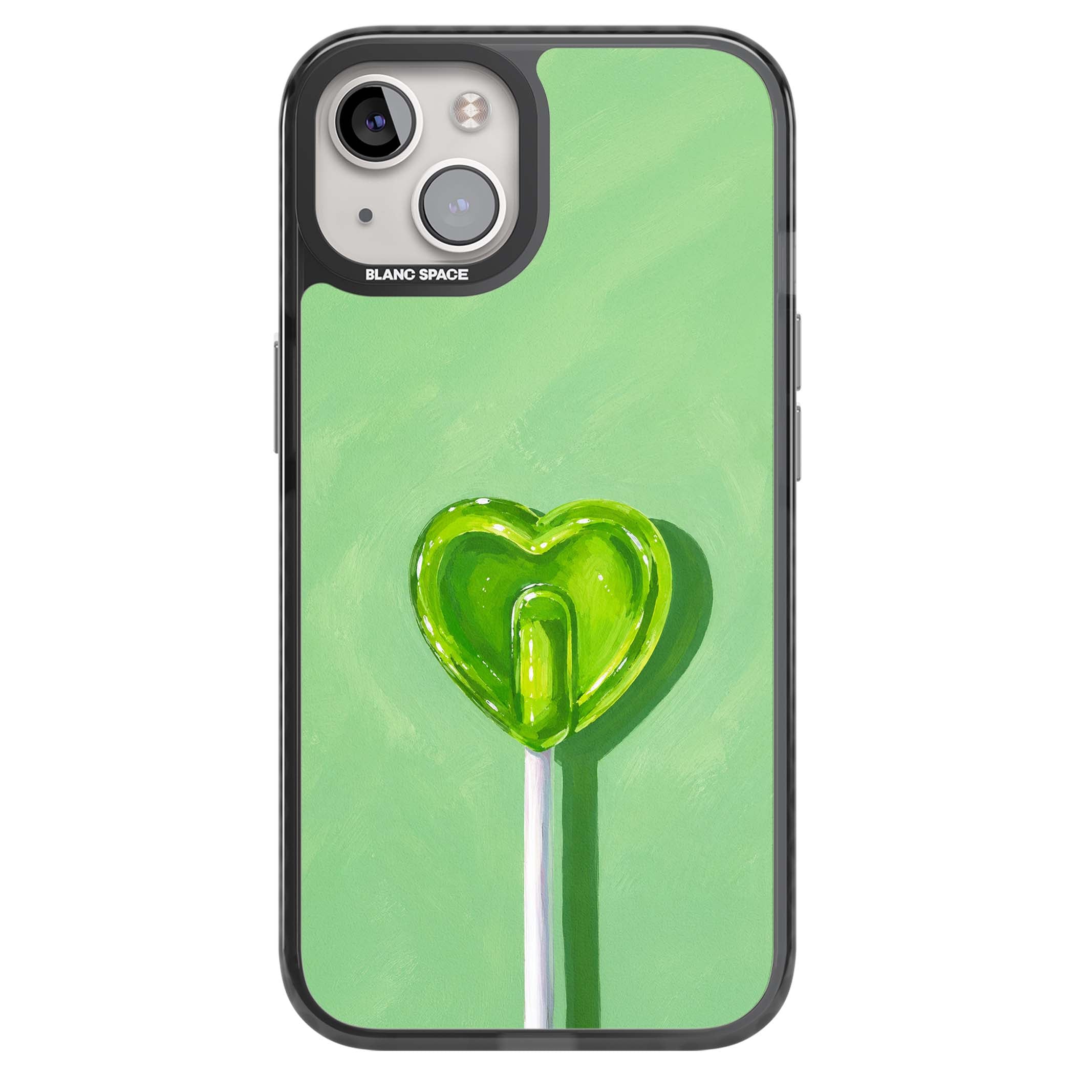 Green Lollipop candy art iPhone case featuring a glossy green heart-shaped lollipop on a painted pastel green background | Black Impact case for iPhone 13, iPhone 14, iPhone 15