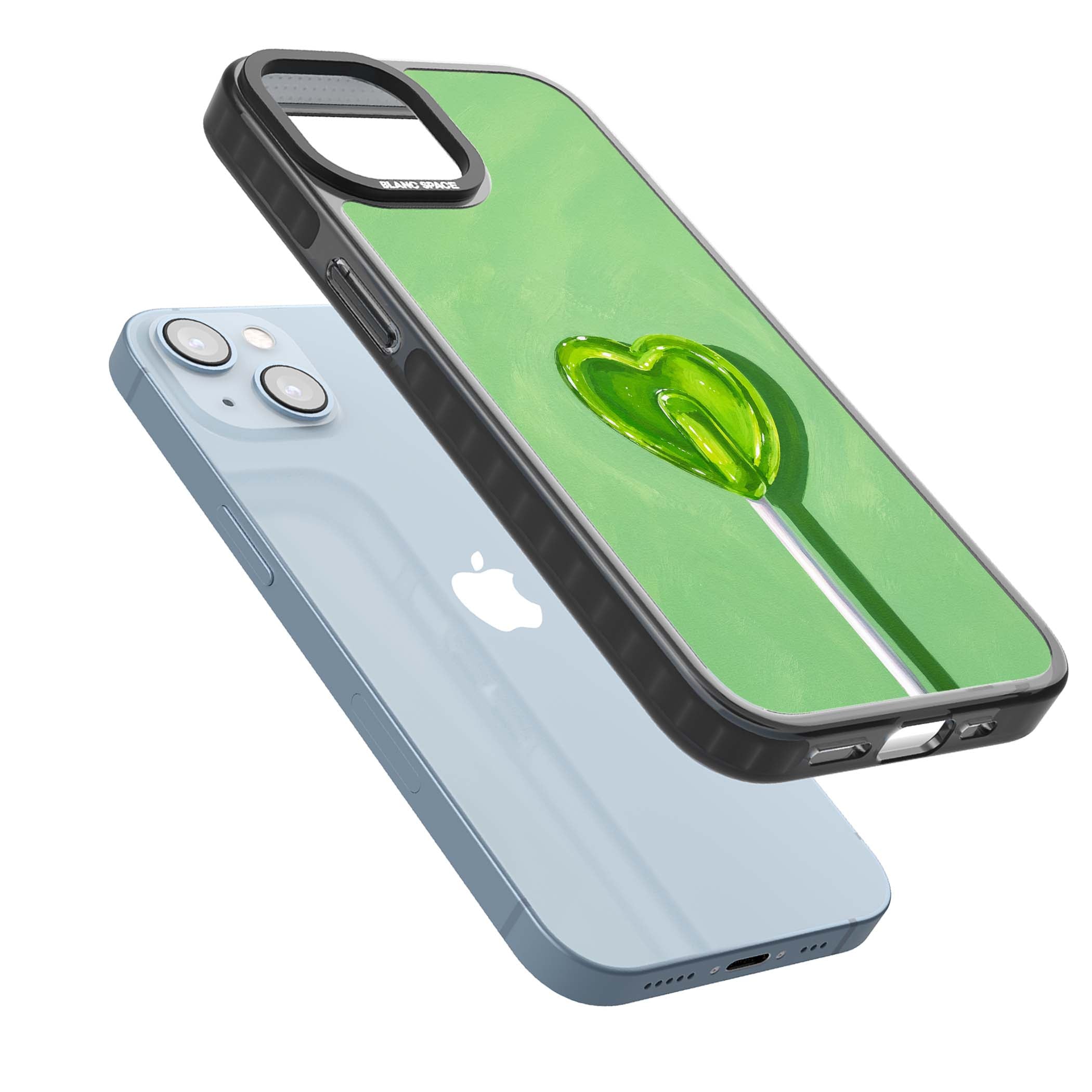 Green Lollipop candy art iPhone case featuring a glossy green heart-shaped lollipop on a painted pastel green background | Black Impact case for iPhone 13, iPhone 14, iPhone 15