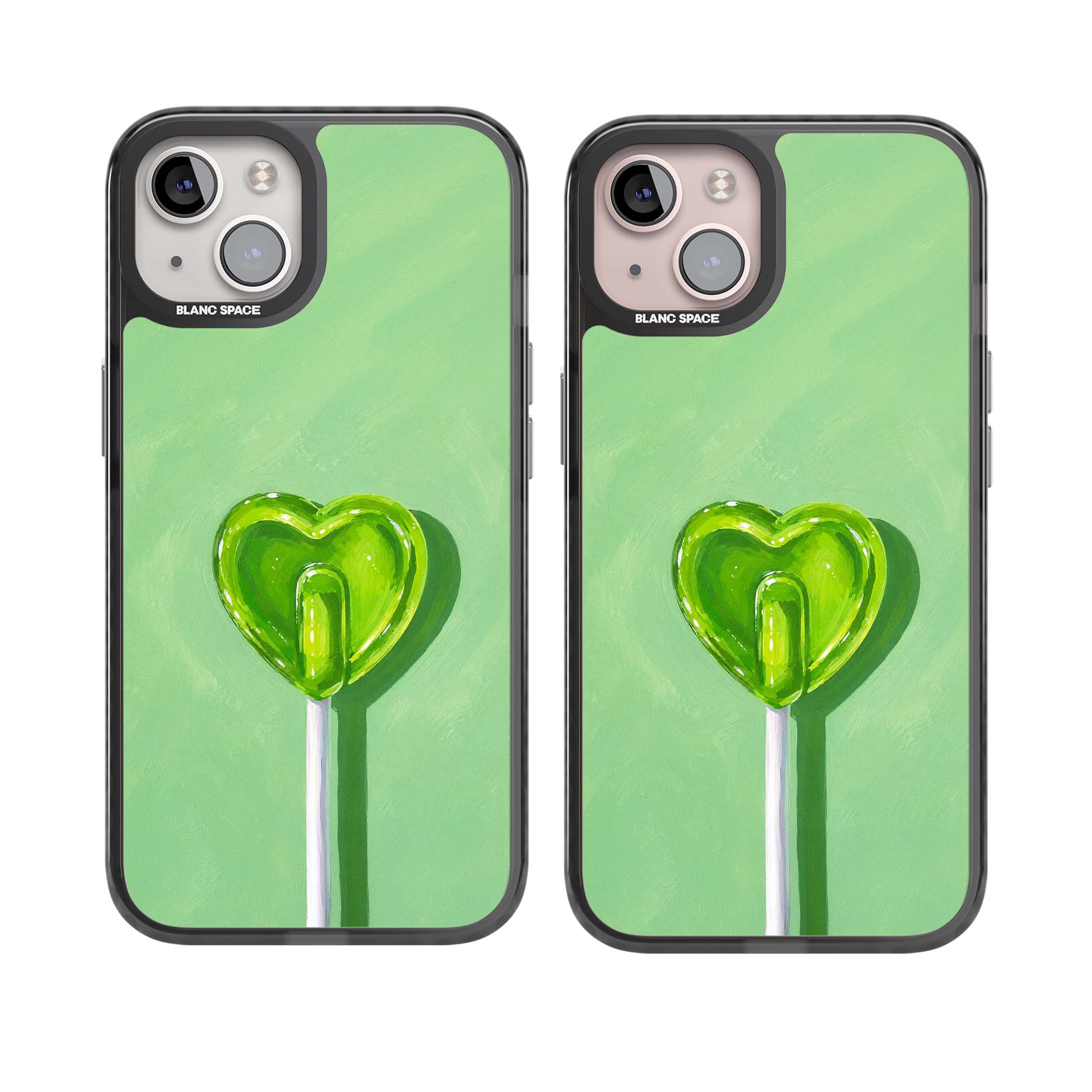 Green Lollipop candy art iPhone case featuring a glossy green heart-shaped lollipop on a painted pastel green background | Black Impact case for iPhone 13, iPhone 14, iPhone 15