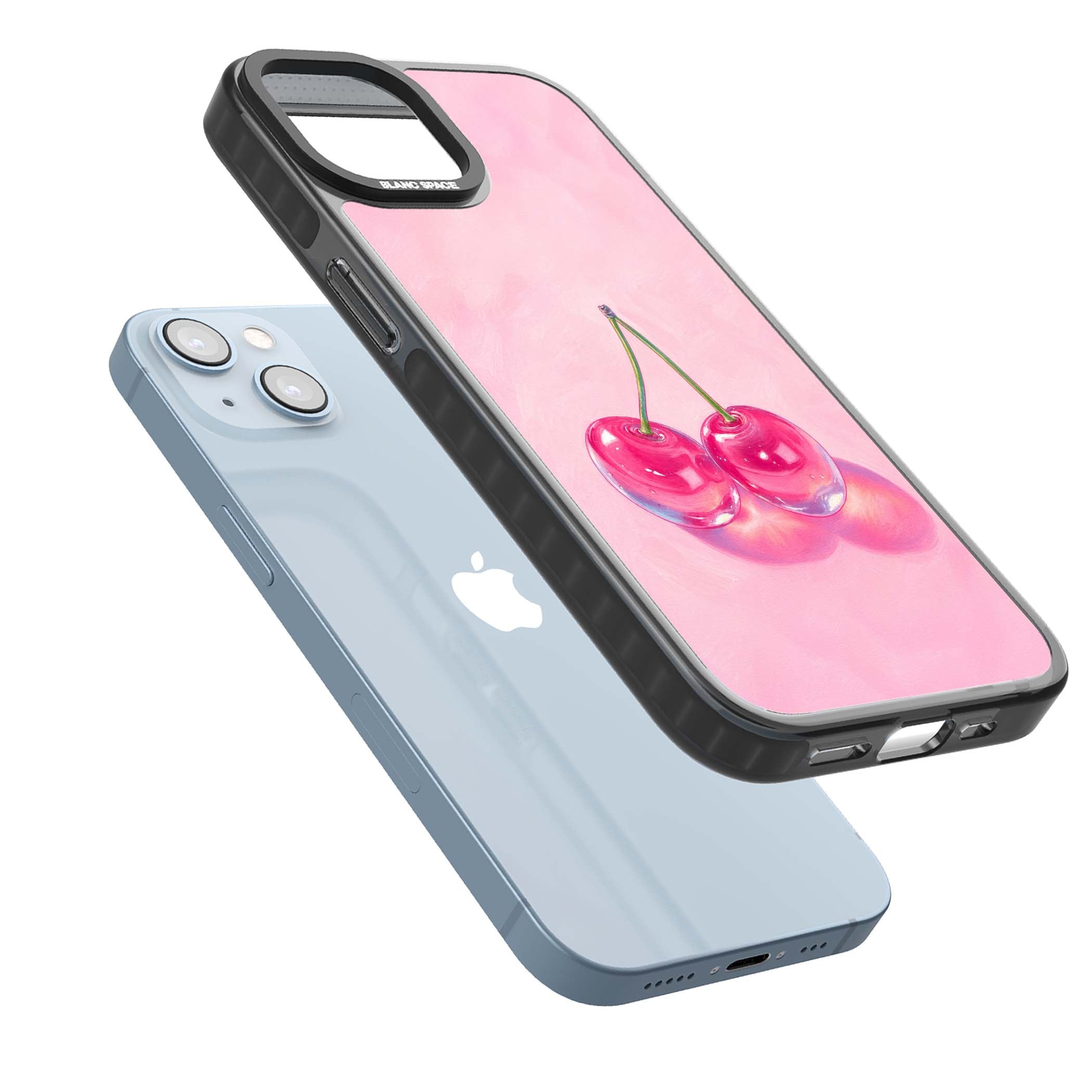 Pink Glass Cherry coquette iPhone case featuring two glossy painted cherries on a soft pink background | Black Impact case for iPhone 13, iPhone 14, iPhone 15