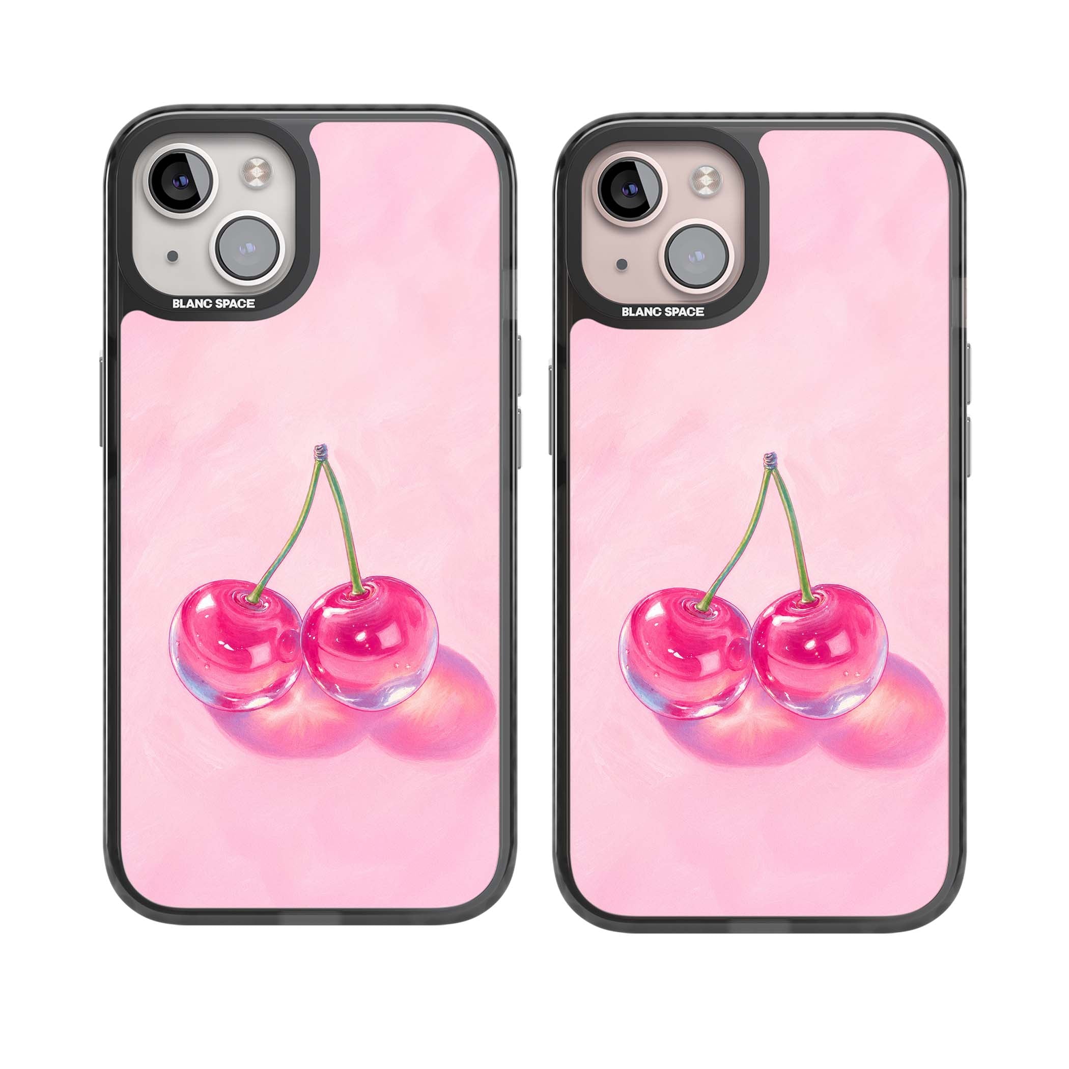 Pink Glass Cherry coquette iPhone case featuring two glossy painted cherries on a soft pink background | Black Impact case for iPhone 13, iPhone 14, iPhone 15