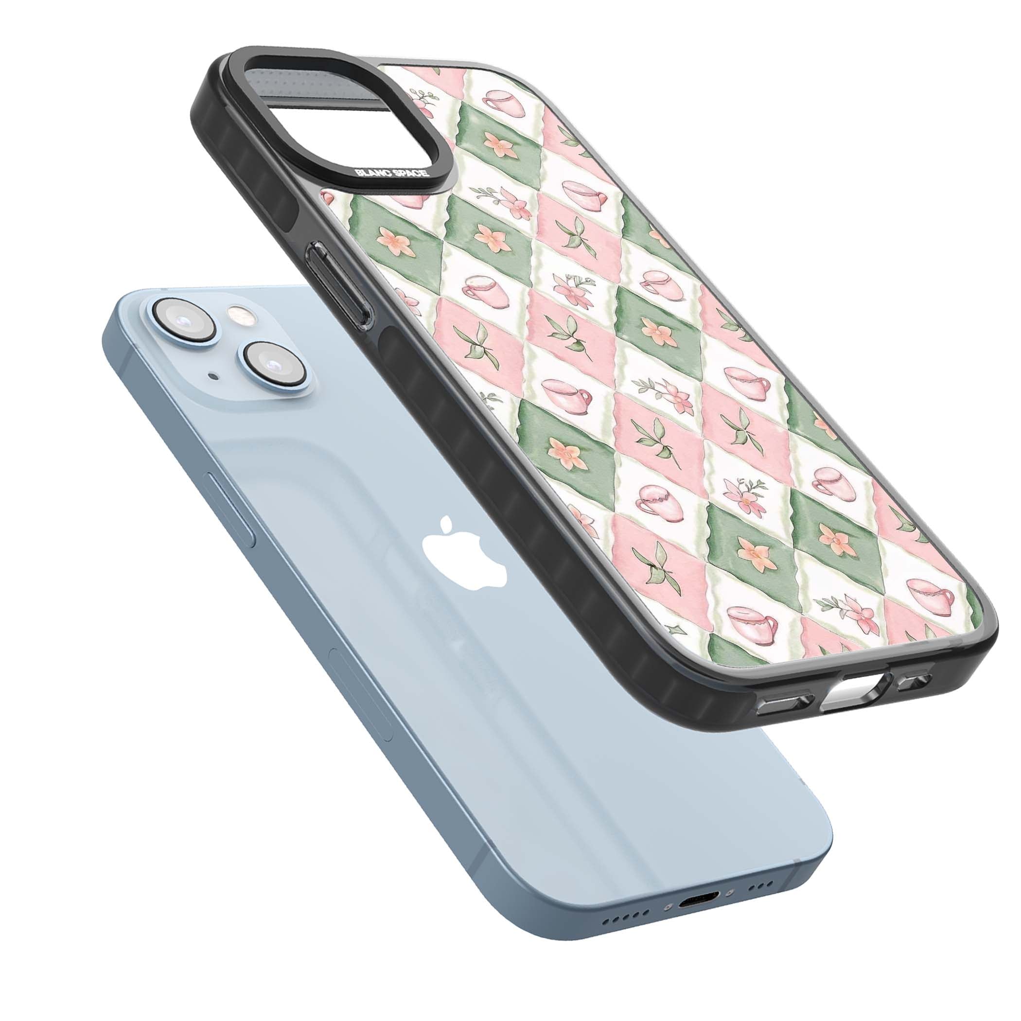Garden Tea Party coquette iPhone case with pink and green checkered pattern, watercolour teacups and wildflowers | Black Impact case for iPhone 13, iPhone 14, iPhone 15
