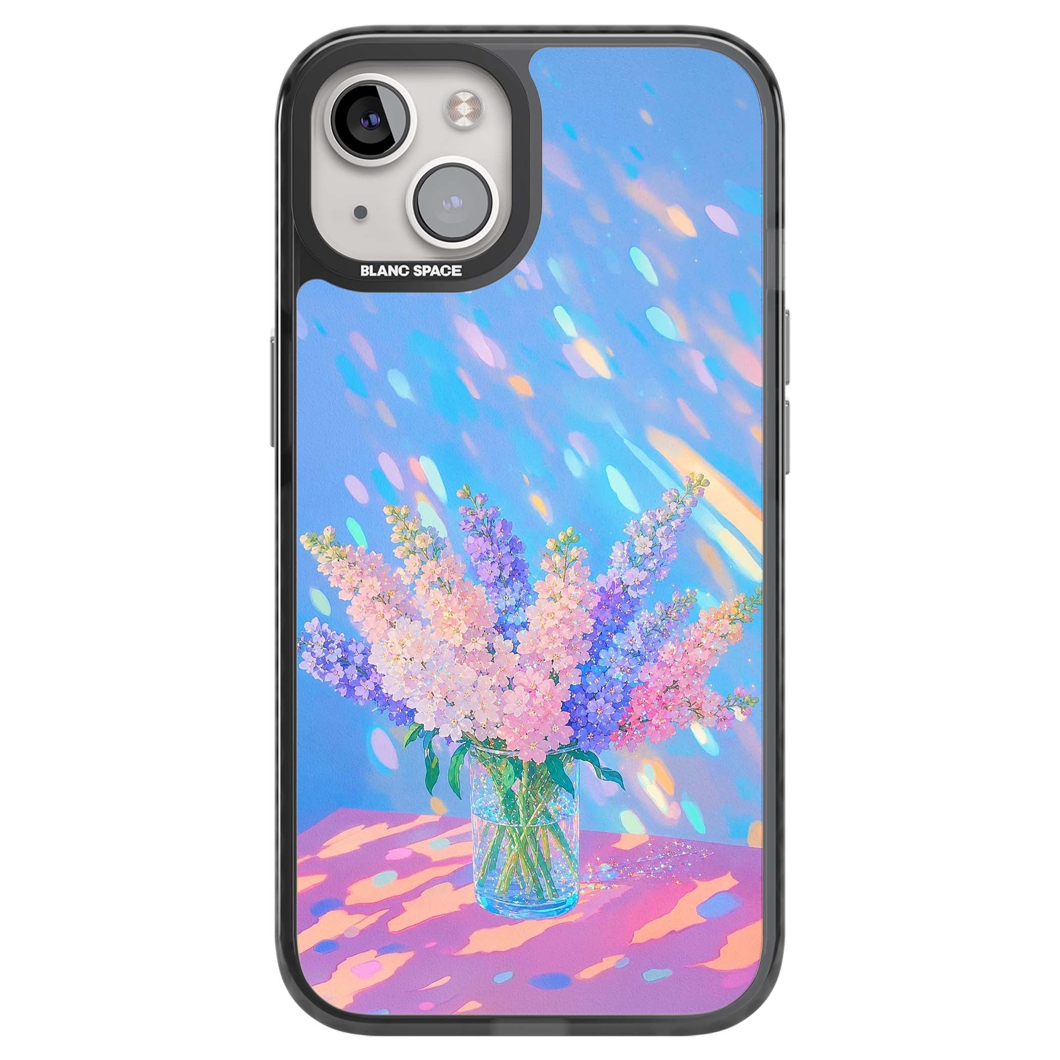 Bubblegum Flowers floral iPhone case featuring pastel lilac and pink bouquet in a glass vase with iridescent light | Black Impact case for iPhone 13, iPhone 14, iPhone 15