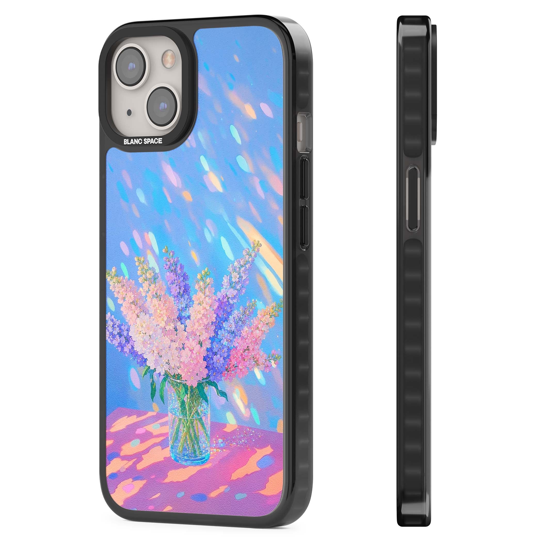 Bubblegum Flowers floral iPhone case featuring pastel lilac and pink bouquet in a glass vase with iridescent light | Black Impact case for iPhone 13, iPhone 14, iPhone 15