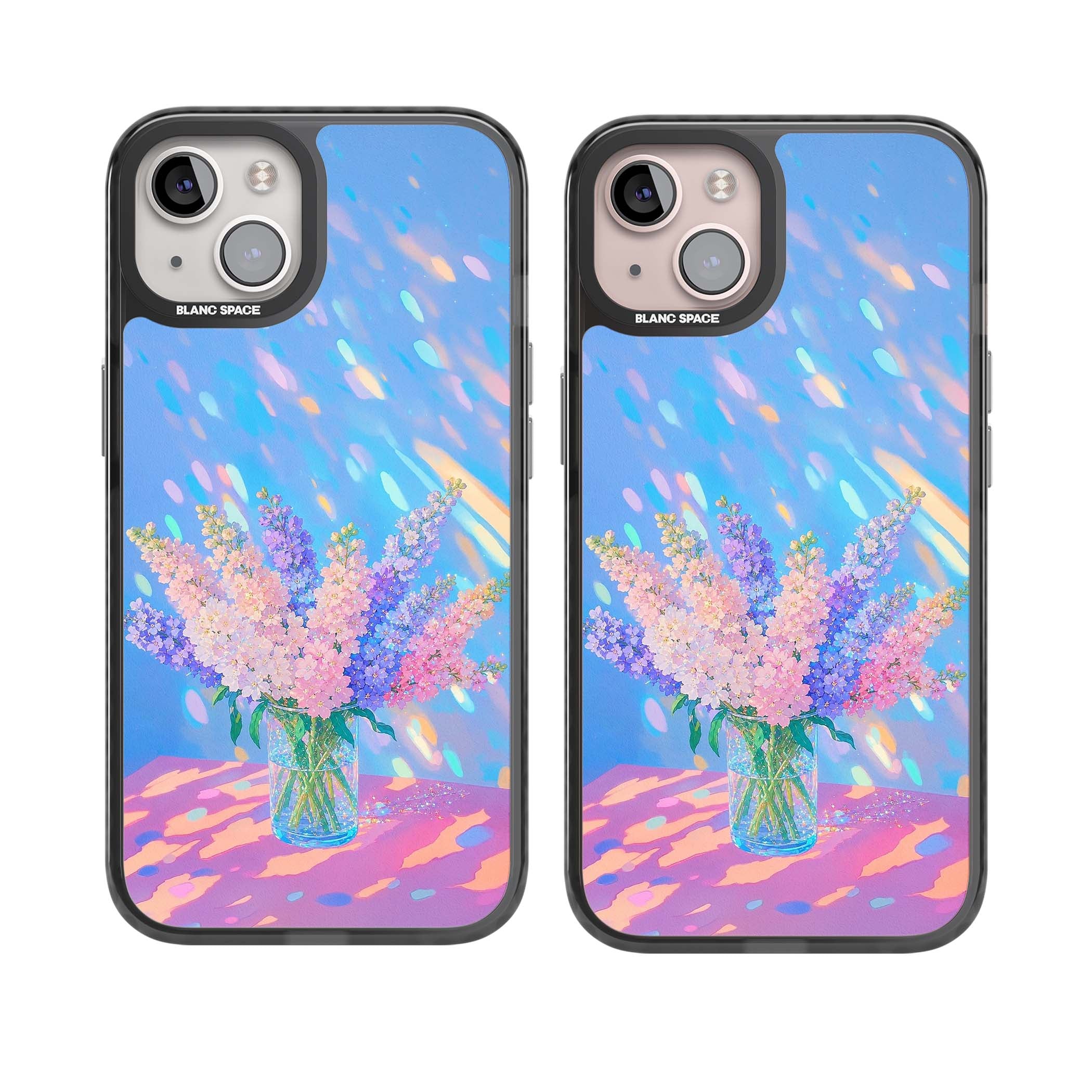 Bubblegum Flowers floral iPhone case featuring pastel lilac and pink bouquet in a glass vase with iridescent light | Black Impact case for iPhone 13, iPhone 14, iPhone 15