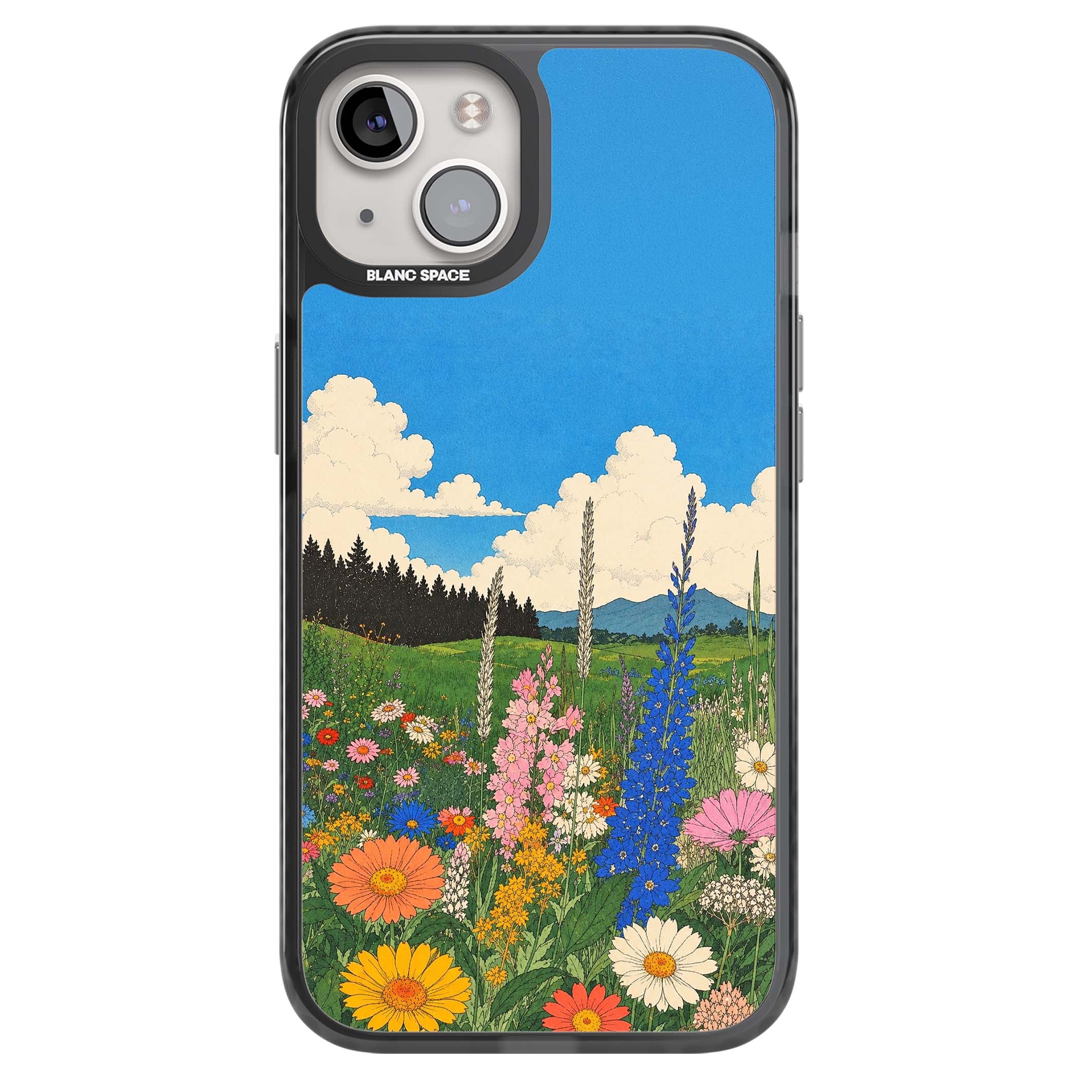 Wildbloom wildflower iPhone case featuring a vintage Japanese-style meadow landscape with daisies, delphiniums and moun | Black Impact case for iPhone 13, iPhone 14, iPhone 15