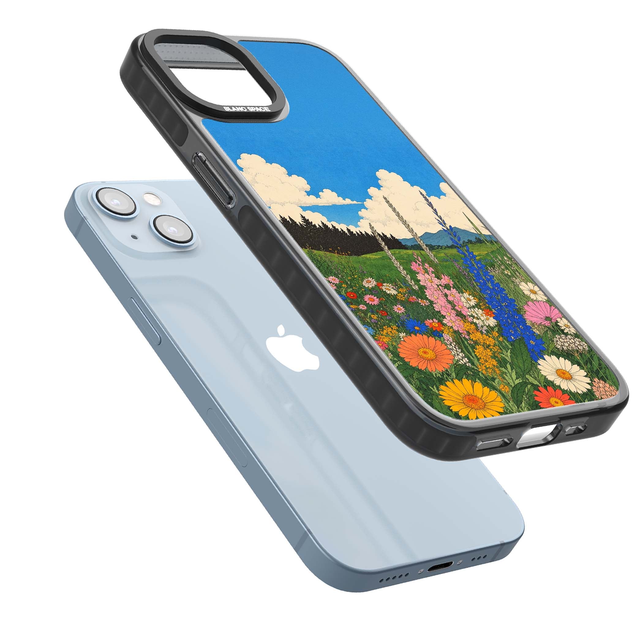 Wildbloom wildflower iPhone case featuring a vintage Japanese-style meadow landscape with daisies, delphiniums and moun | Black Impact case for iPhone 13, iPhone 14, iPhone 15