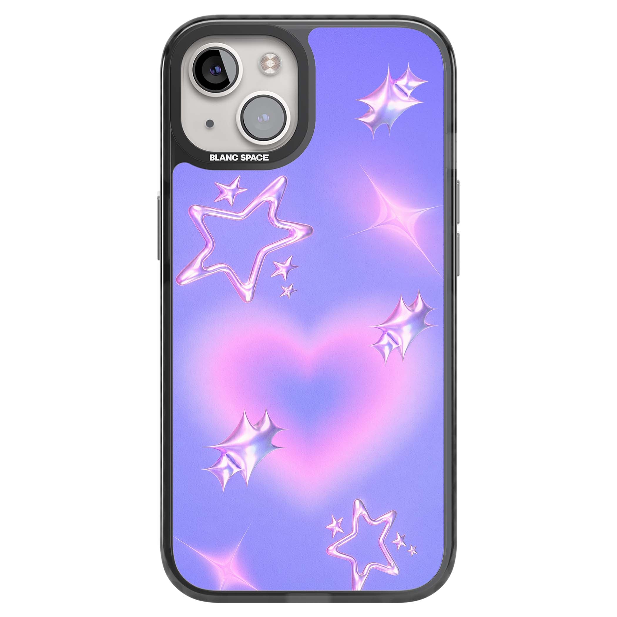Soft Sugar Y2K iPhone case featuring iridescent chrome hearts, metallic pink stars and a lavender gradient sky | Black Impact case for iPhone 13, iPhone 14, iPhone 15