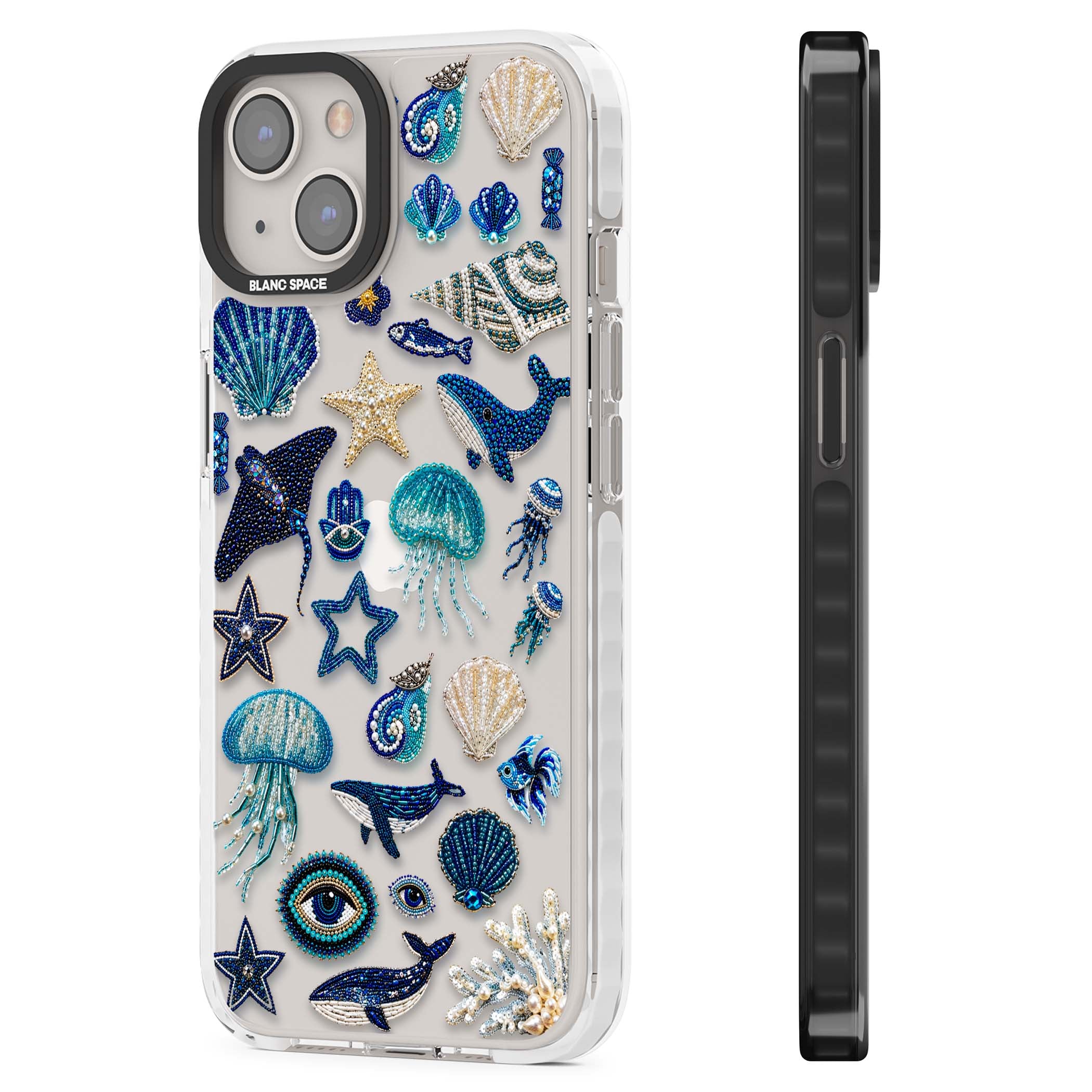 Beaded Coastal coastal iPhone case featuring embroidered seashells, jellyfish and a blue whale on clear | Clear Impact case for iPhone 13, iPhone 14, iPhone 15