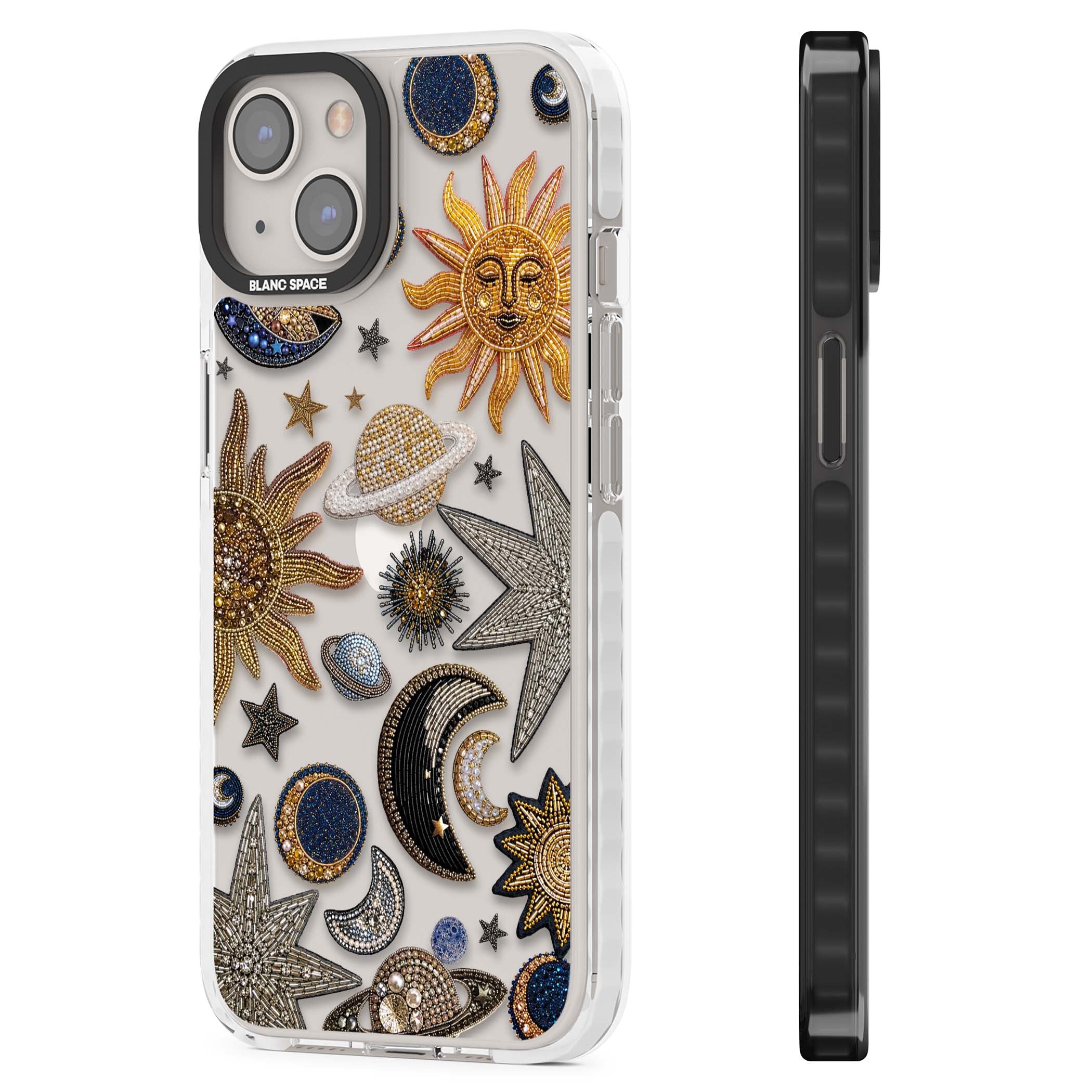 Beaded Cosmos celestial iPhone case featuring embroidered golden suns, beaded planets and silver shooting stars | Clear Impact case for iPhone 13, iPhone 14, iPhone 15