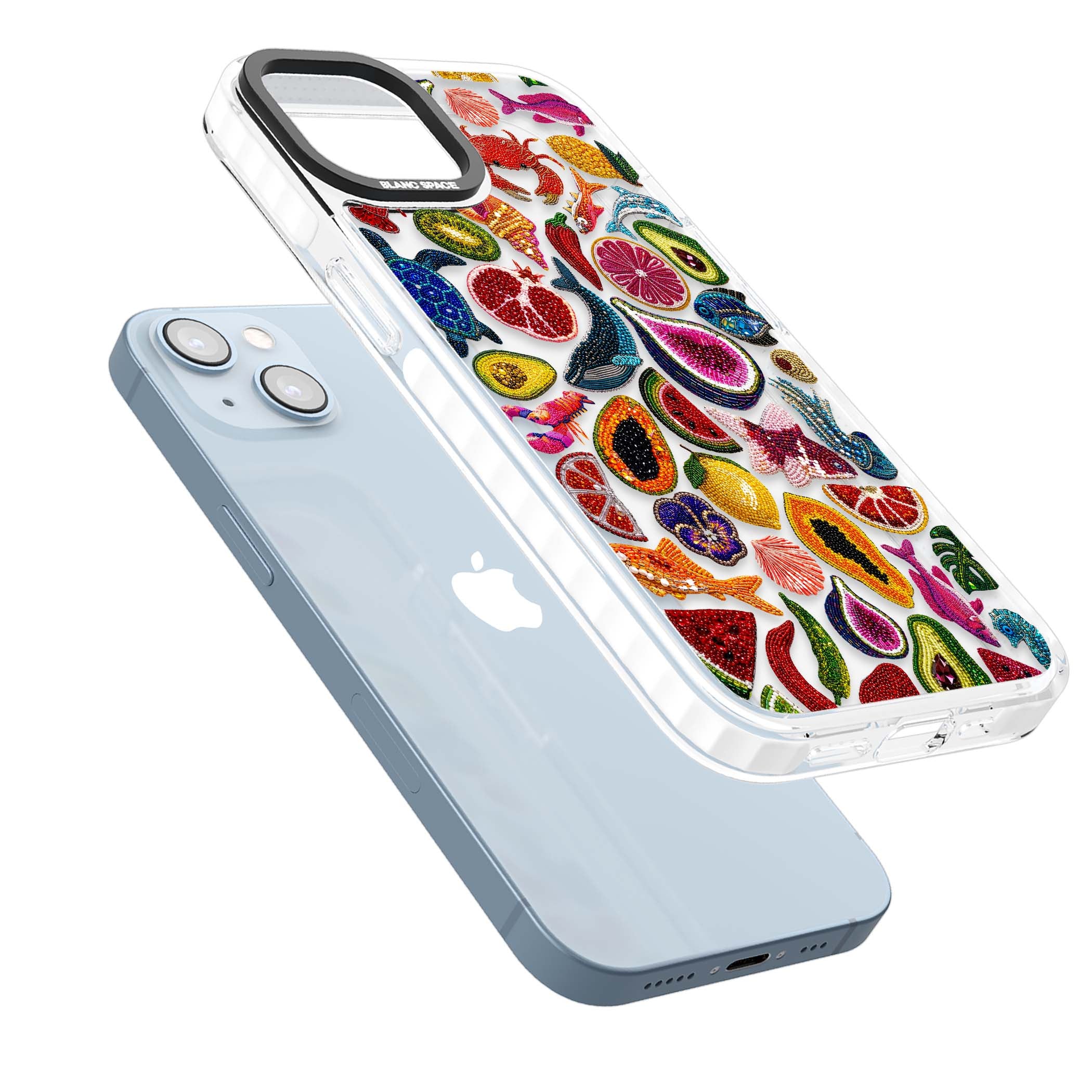 Beaded Tropic tropical iPhone case featuring beaded fruit, fish, crabs and seashells in vibrant colour | Clear Impact case for iPhone 13, iPhone 14, iPhone 15