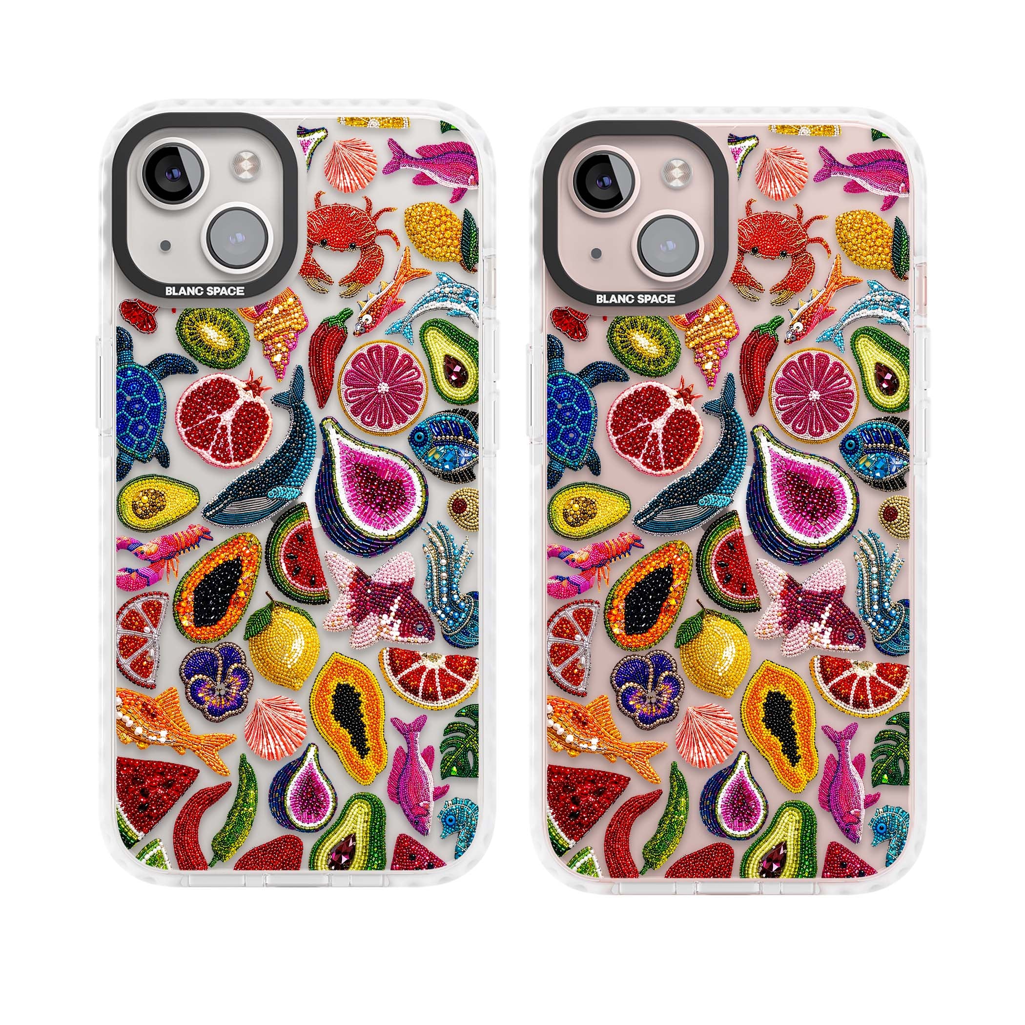 Beaded Tropic tropical iPhone case featuring beaded fruit, fish, crabs and seashells in vibrant colour | Clear Impact case for iPhone 13, iPhone 14, iPhone 15