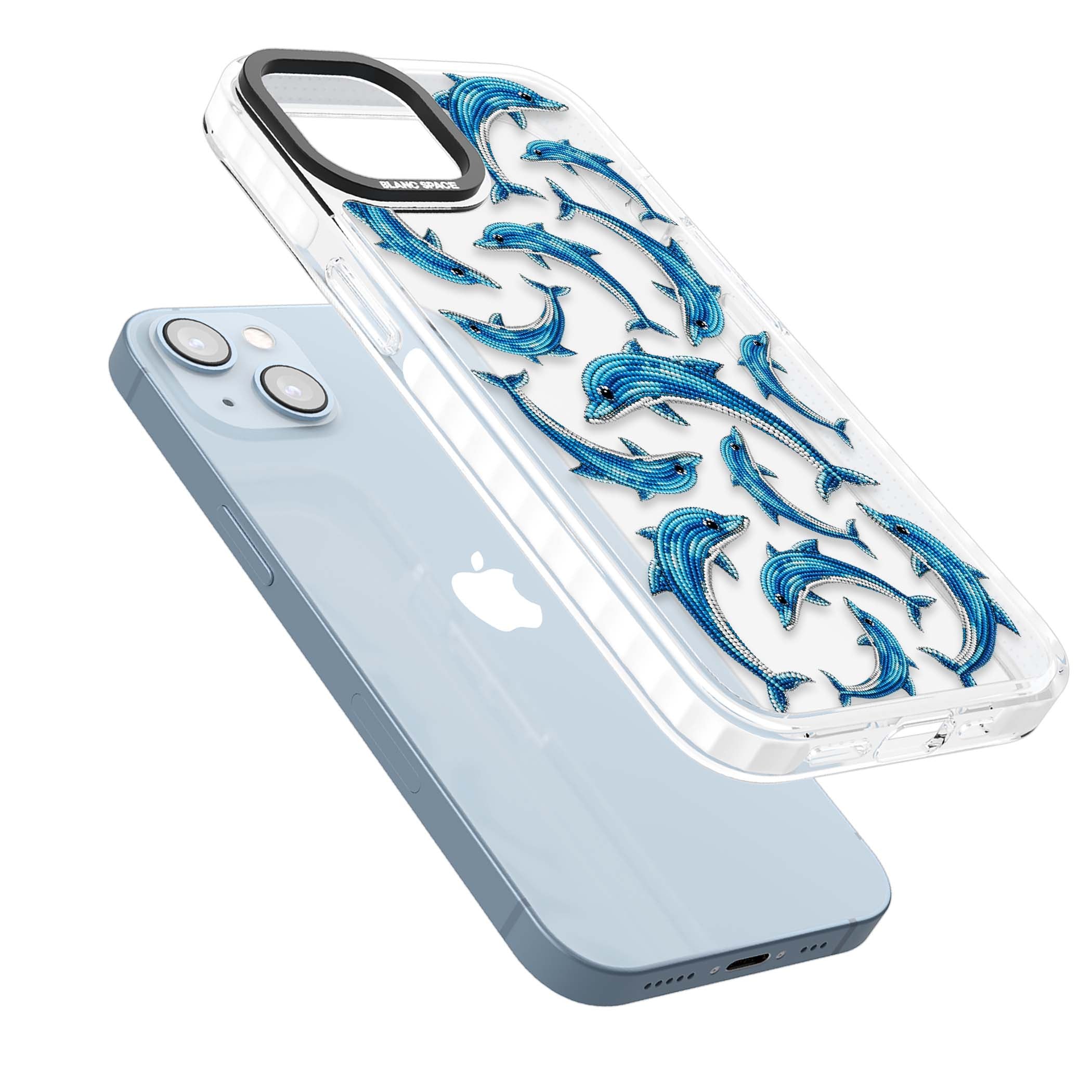 Beaded Dolphins coastal iPhone case featuring beaded dolphins in blue and white swimming across a clear background | Clear Impact case for iPhone 13, iPhone 14, iPhone 15