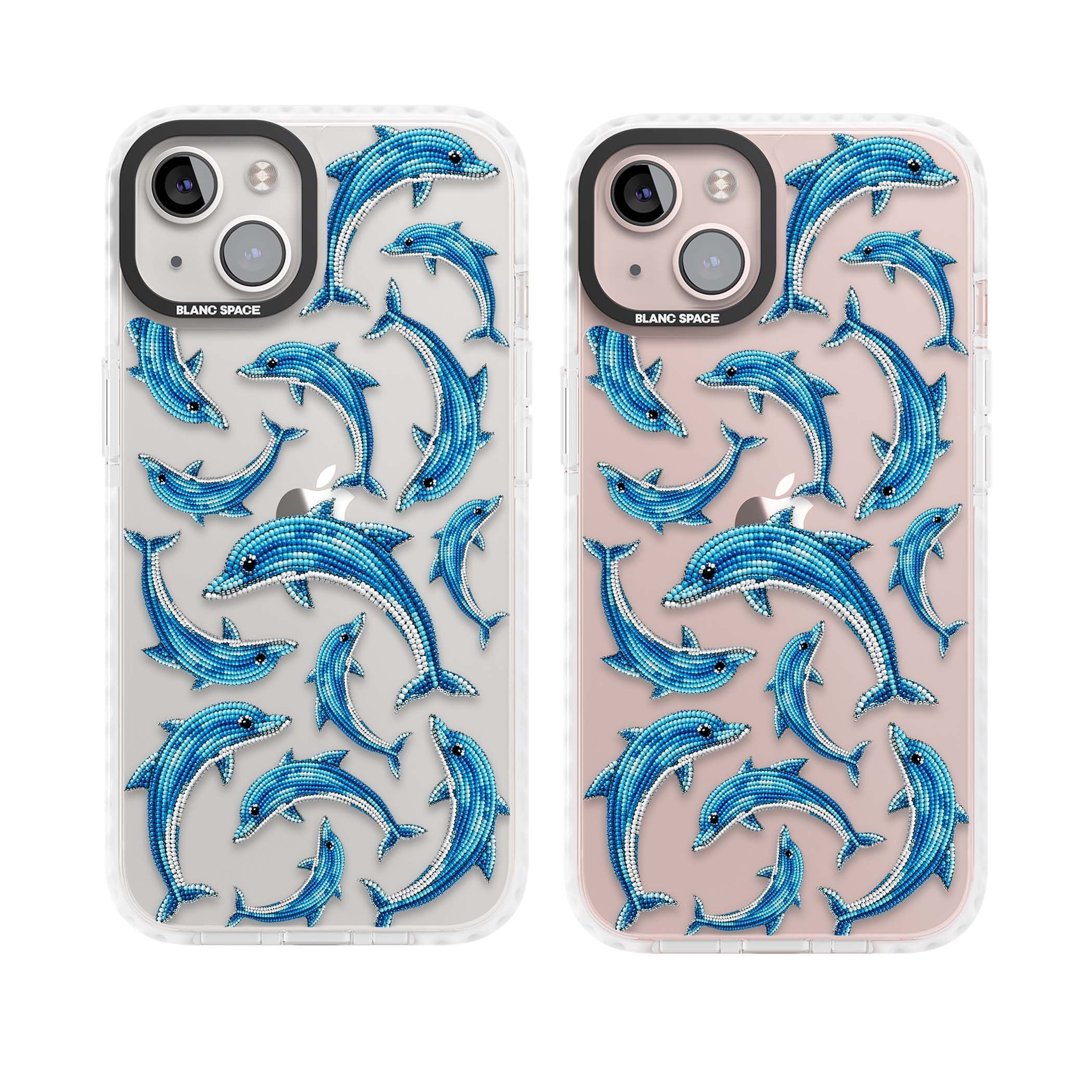 Beaded Dolphins coastal iPhone case featuring beaded dolphins in blue and white swimming across a clear background | Clear Impact case for iPhone 13, iPhone 14, iPhone 15