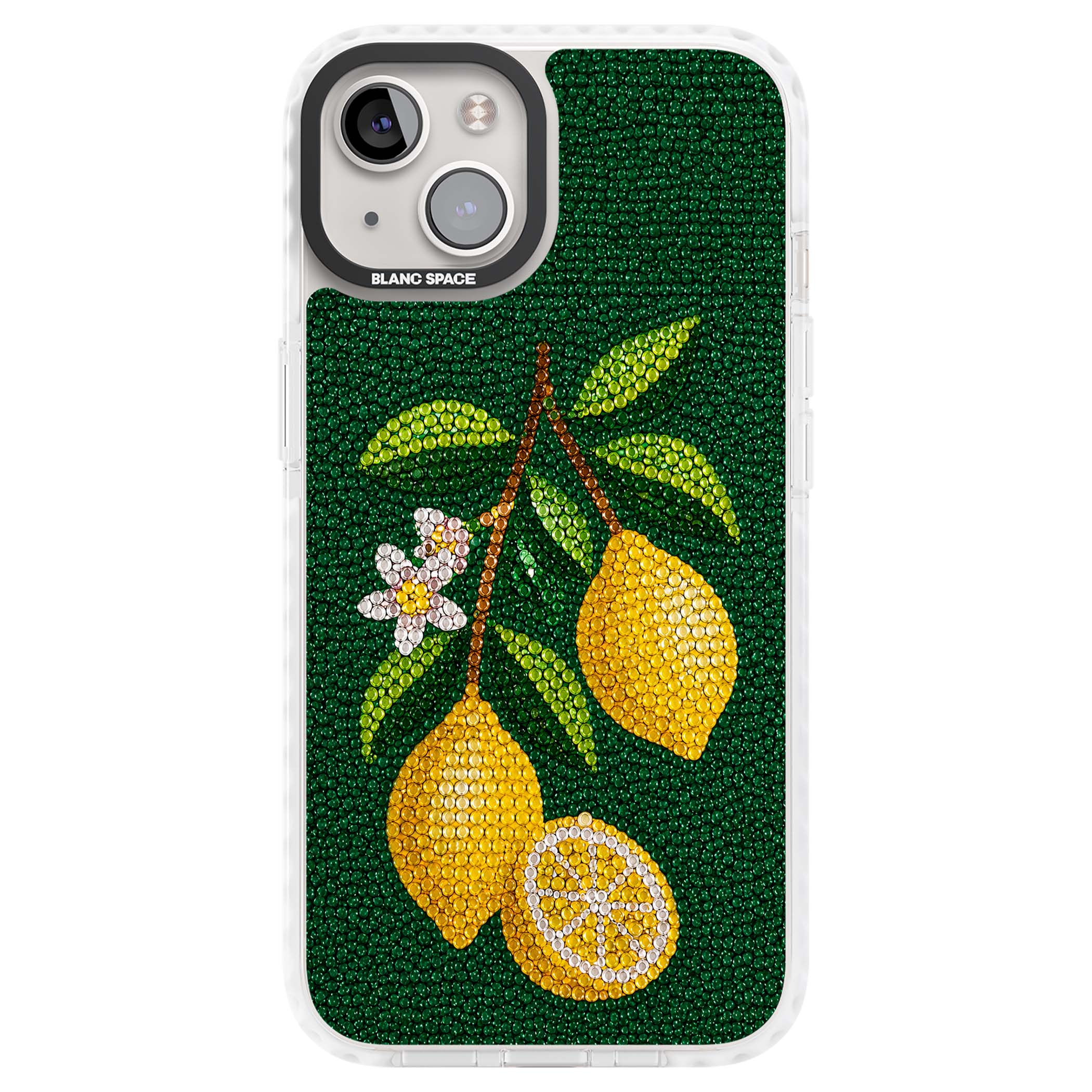 Beaded Lemons coastal iPhone case featuring crystal-beaded lemons, citrus blossom and green leaves on emerald ground | Clear Impact case for iPhone 13, iPhone 14, iPhone 15